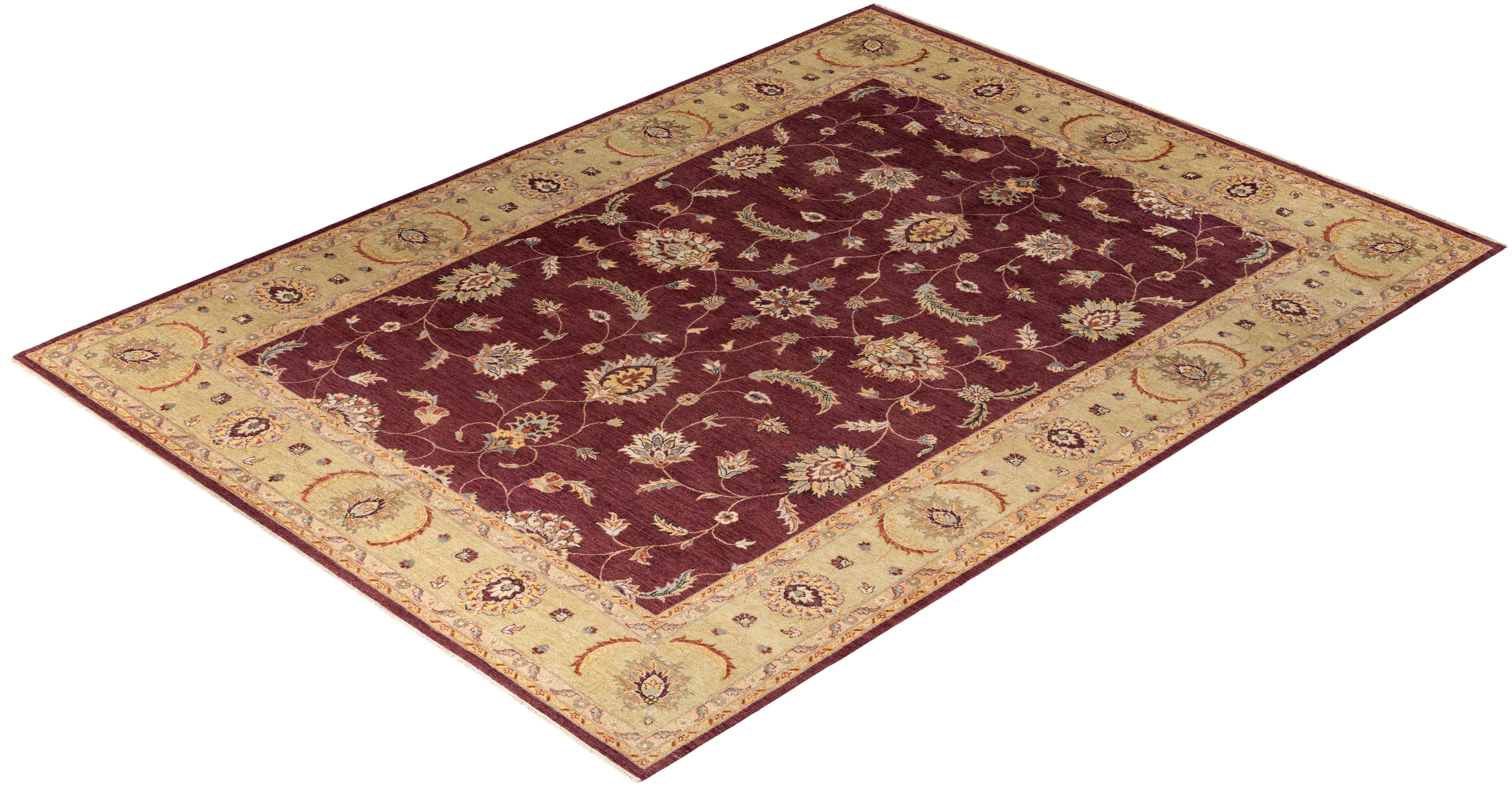 Alfombra tradicional Oushak de lana anudada a mano con motivos florales, roja 9' 2