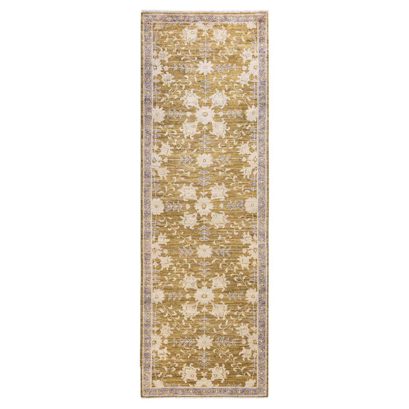Traditional Oushak Hand Knotted Wool Green Runner