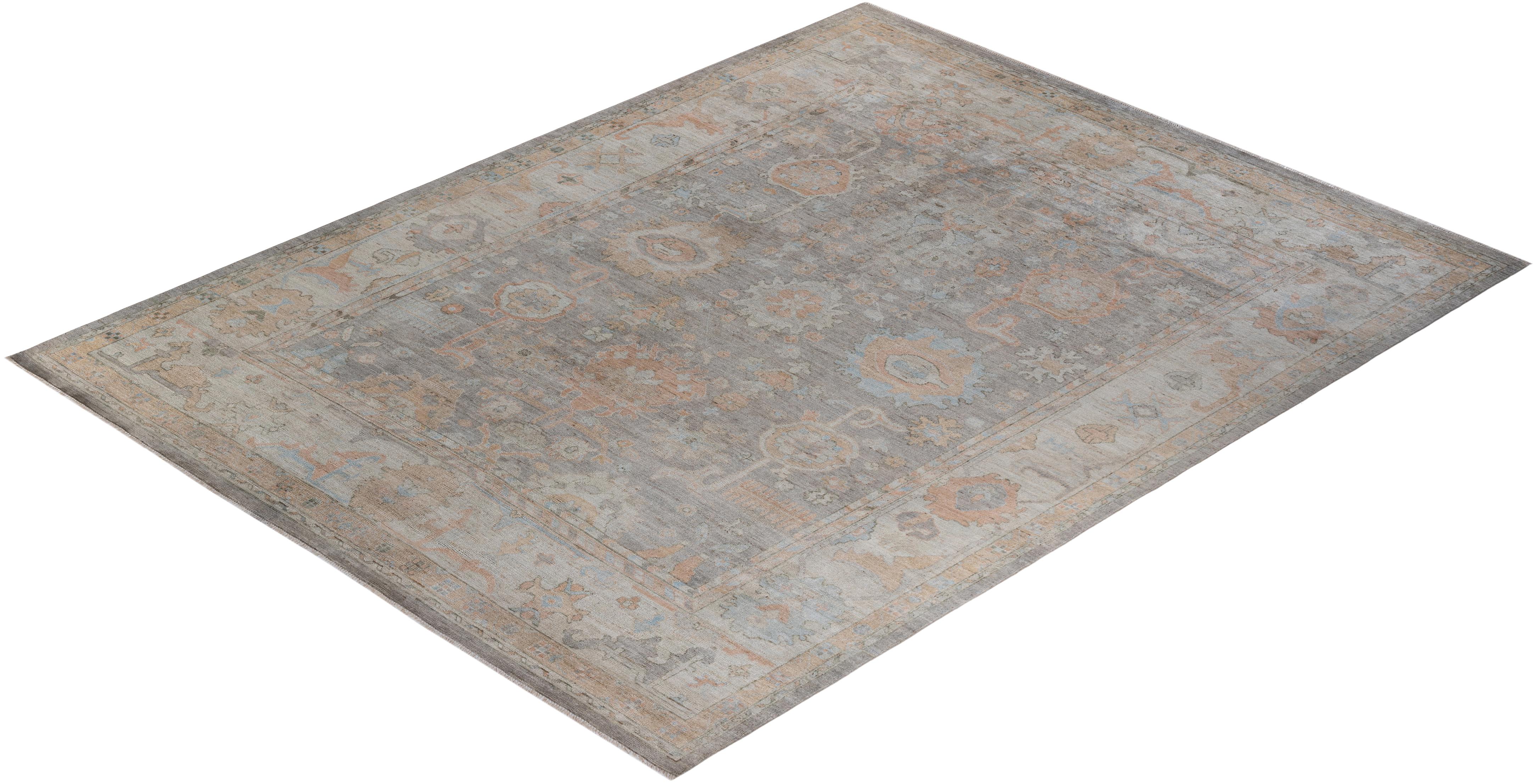 Traditional Oushak Hand Knotted Wool Ivory Area Rug For Sale 3