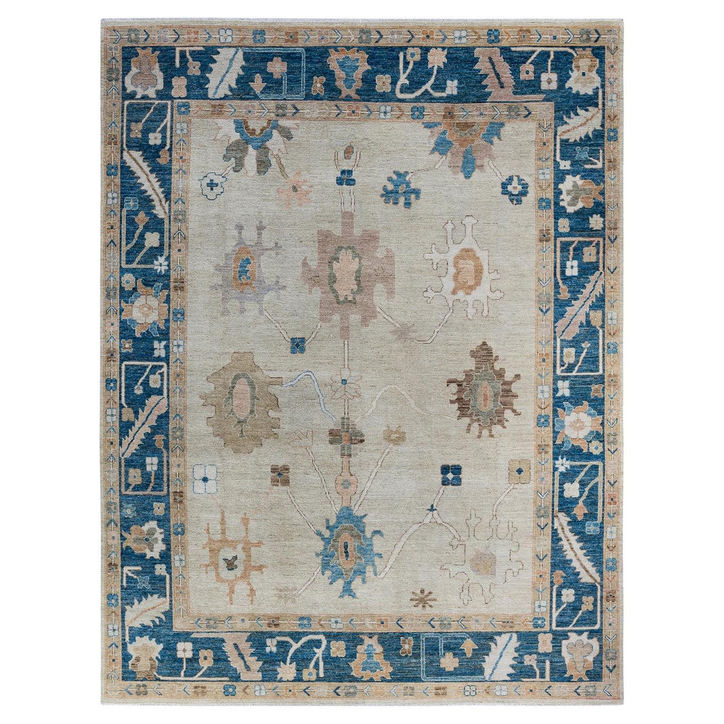 Traditional Oushak Hand Knotted Wool Ivory Area Rug  For Sale