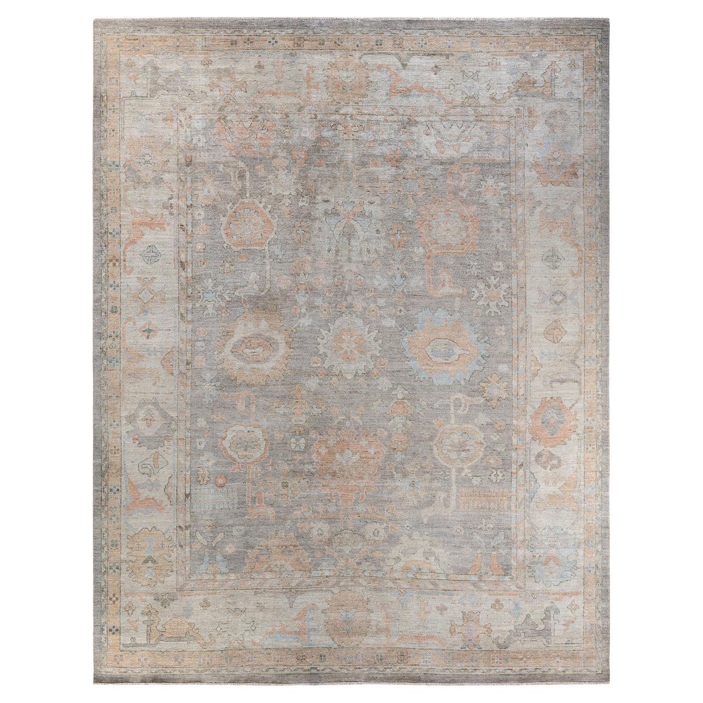 Traditional Oushak Hand Knotted Wool Ivory Area Rug For Sale