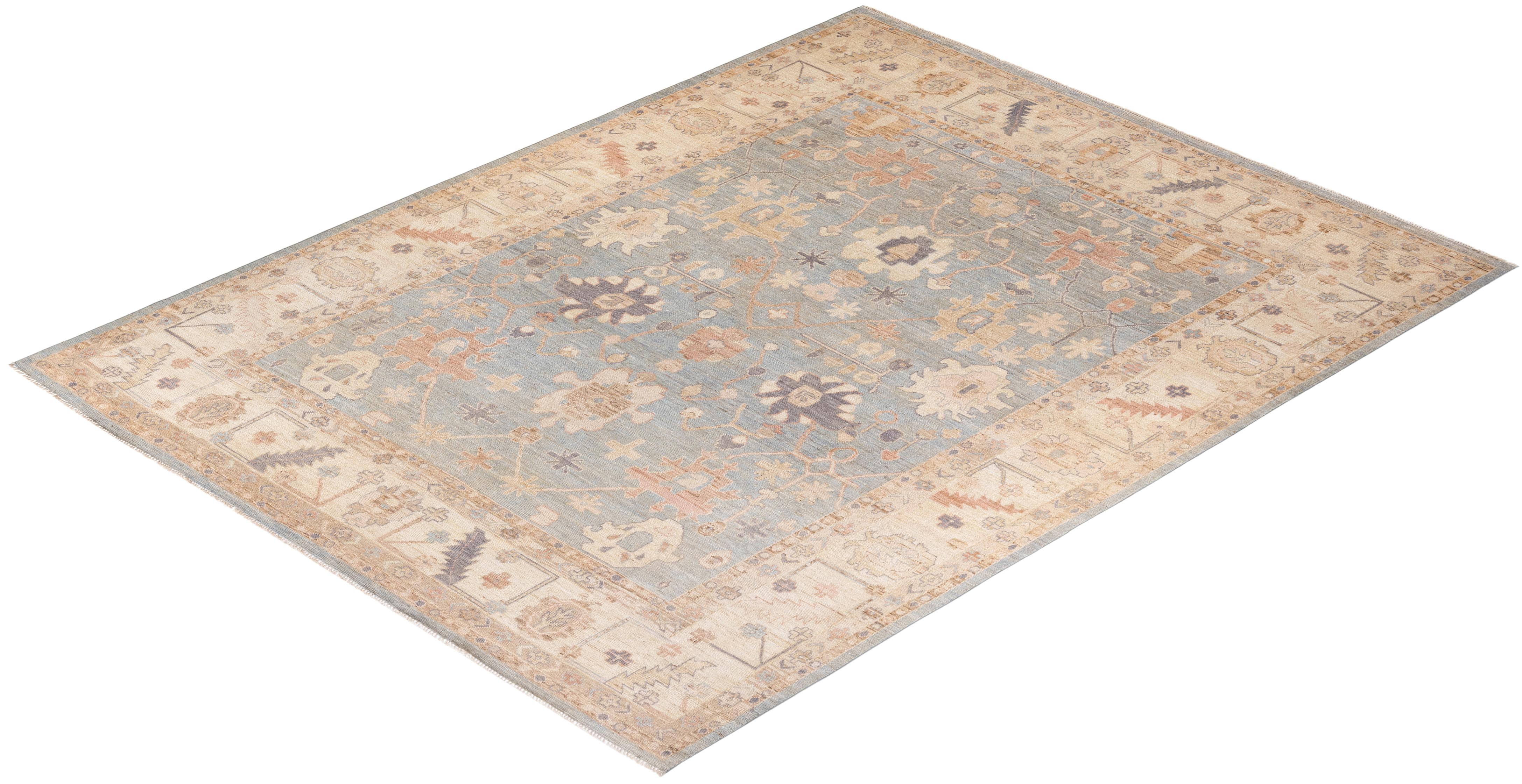 Traditional Oushak Hand Knotted Wool Light Blue Area Rug For Sale 3