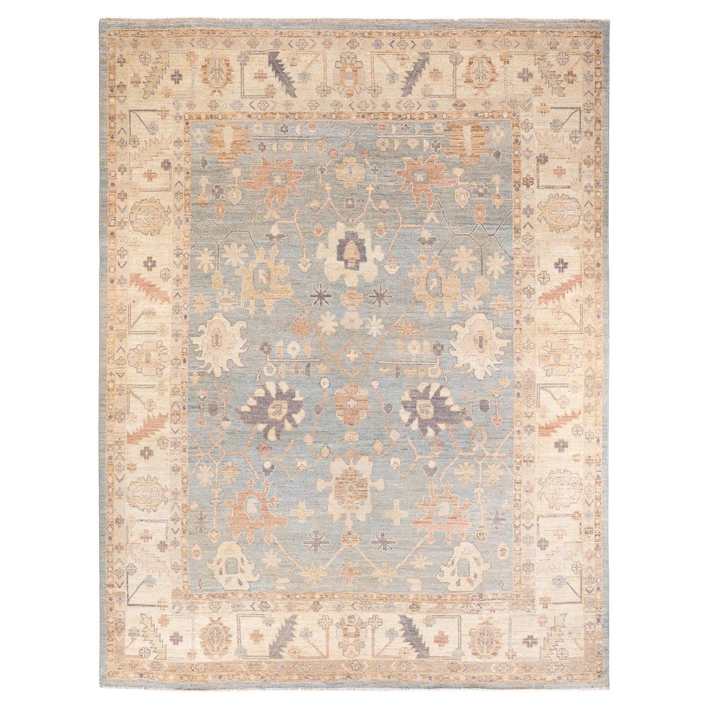 Traditional Oushak Hand Knotted Wool Light Blue Area Rug For Sale