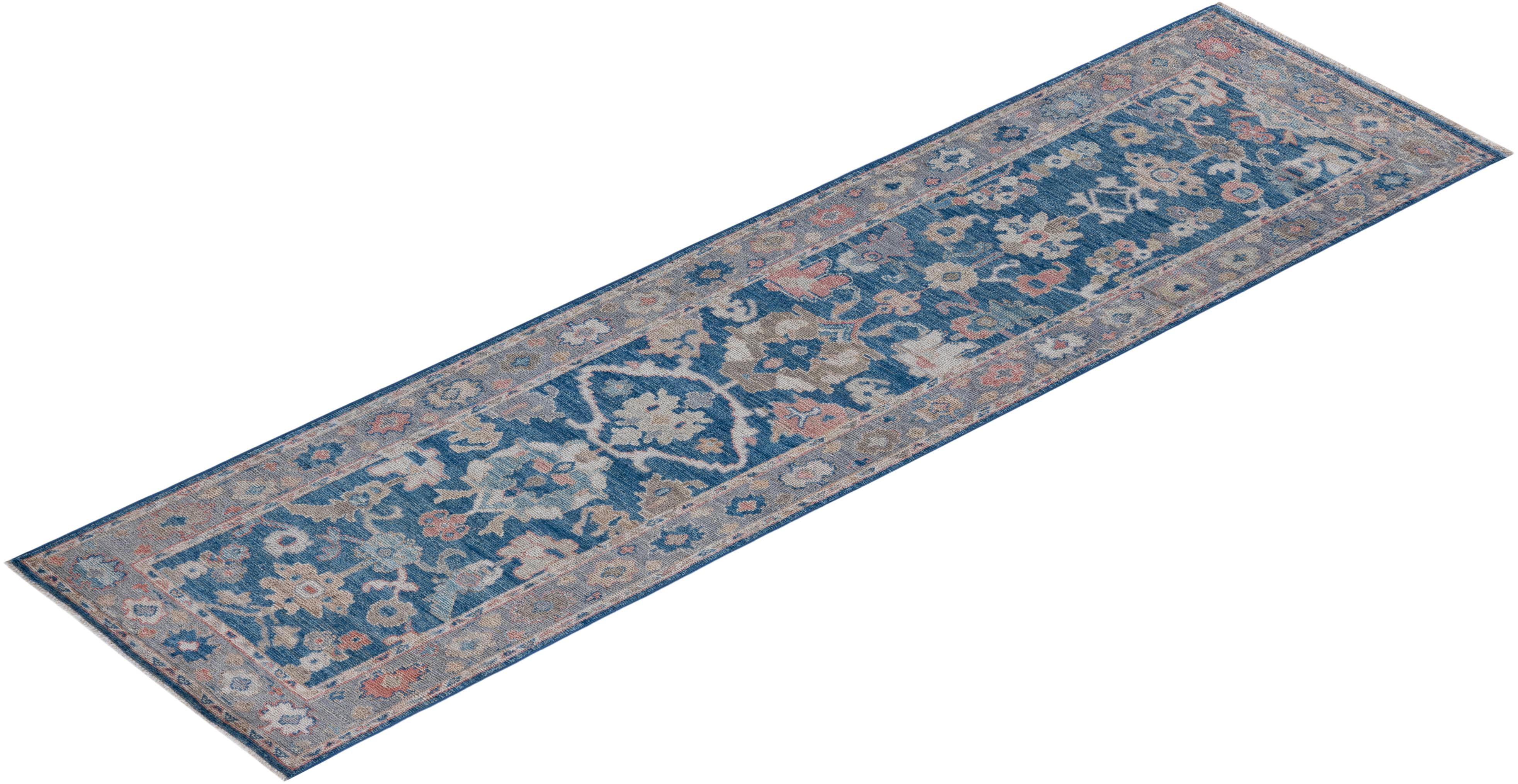 Traditional Oushak Hand Knotted Wool Light Blue Runner  For Sale 3