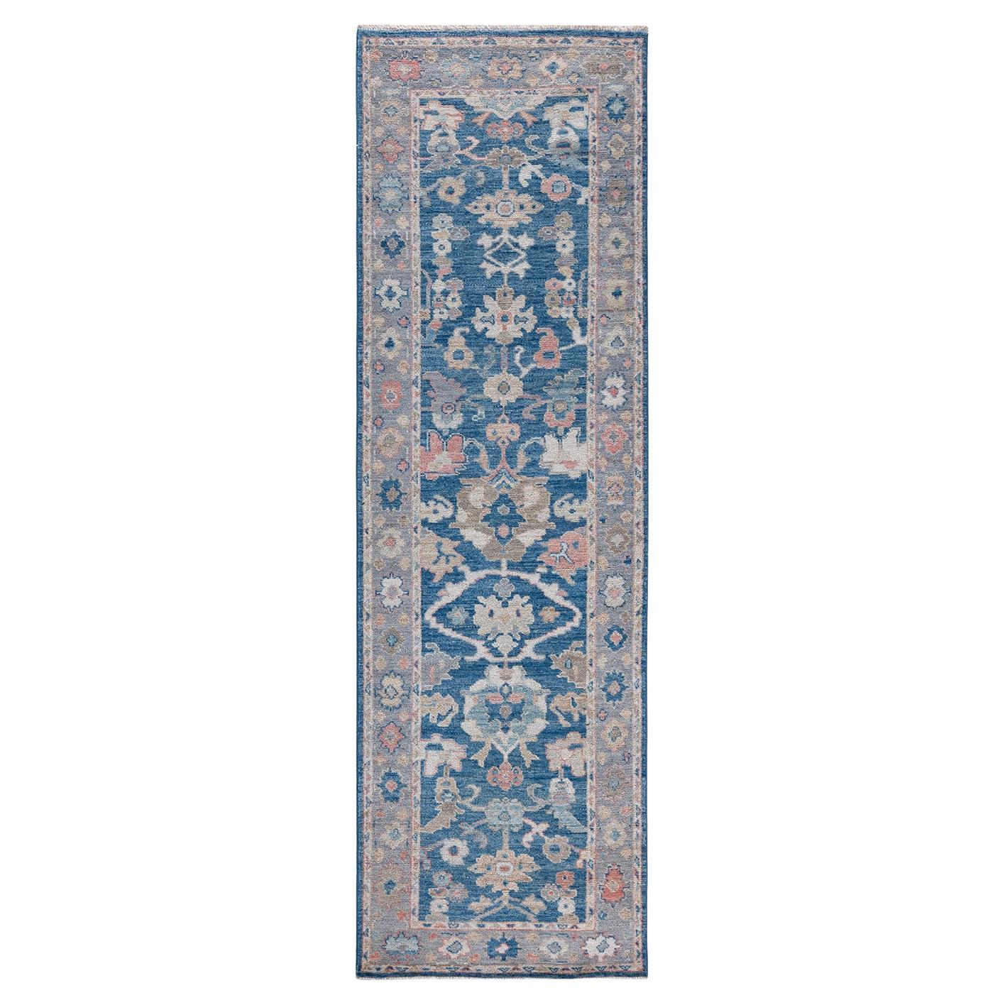 Traditional Oushak Hand Knotted Wool Light Blue Runner  For Sale
