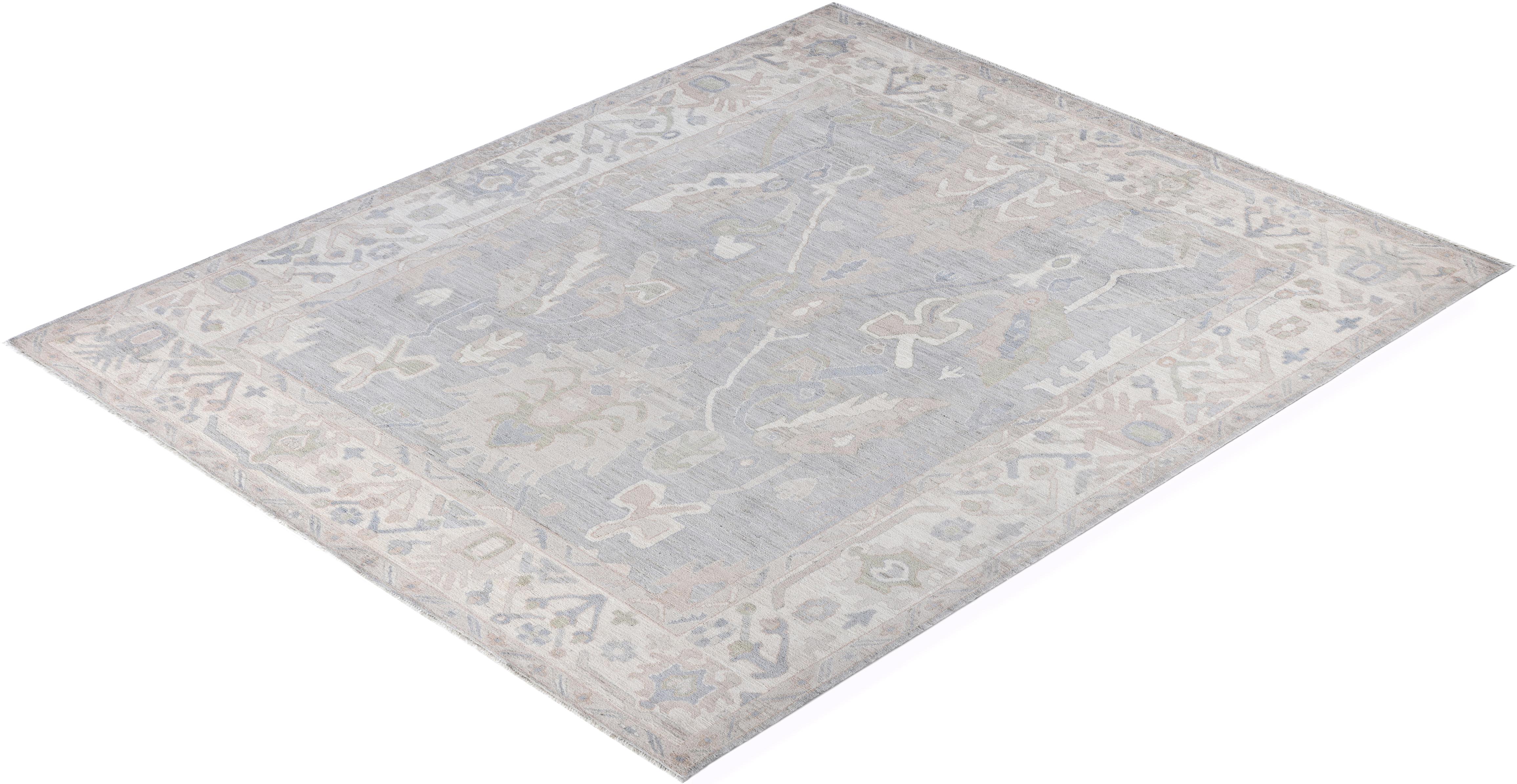 Alfombra tradicional Oushak de lana anudada a mano, gris claro 8' 3