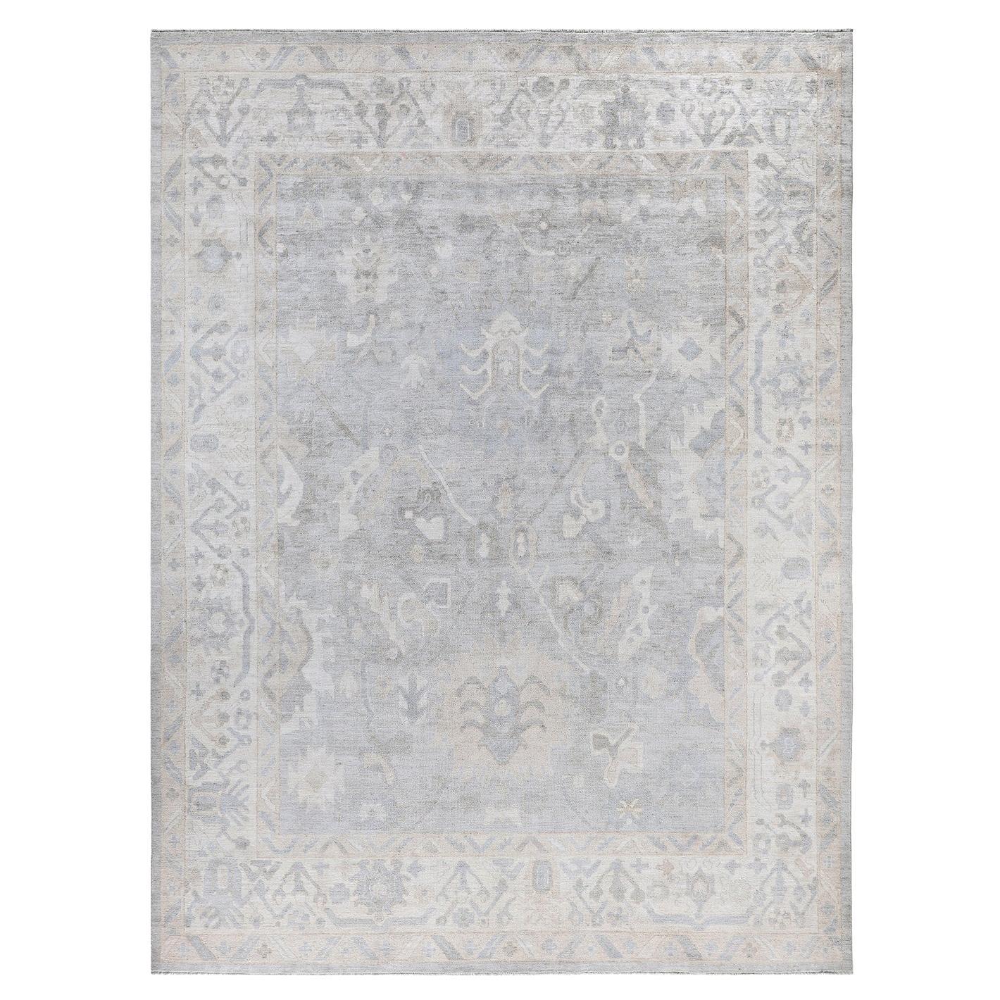 Traditioneller handgeknüpfter Oushak-Teppich aus hellgrauer Wolle 8' 9" x 11' 10"