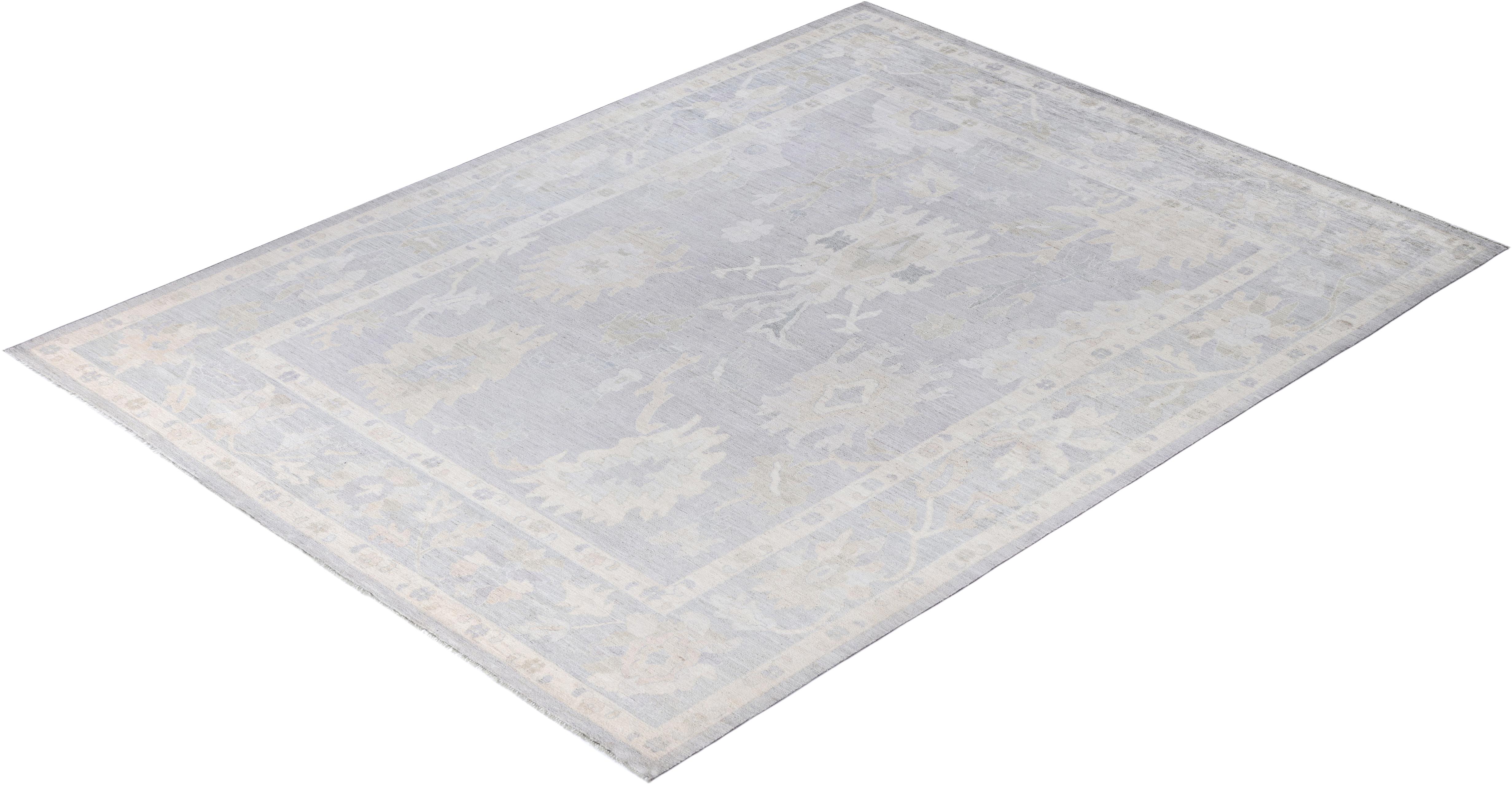 Alfombra tradicional Oushak de lana anudada a mano, gris claro 9' 0