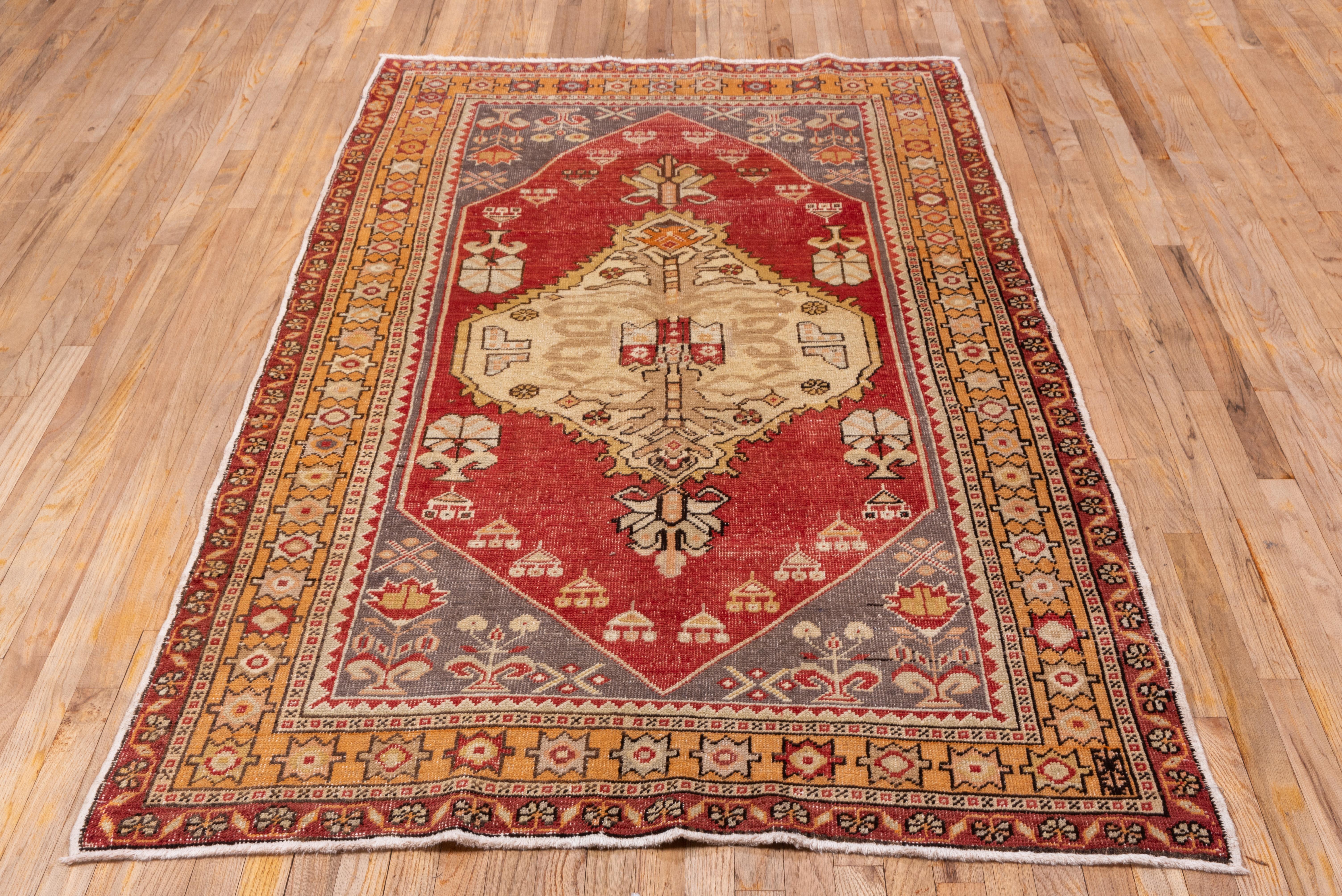 Hand-Knotted Traditional Oushak Rug, Red Gray and Yellow