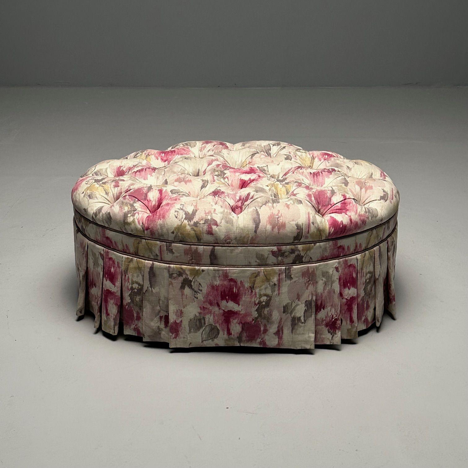 Traditional, Oval Tufted Ottoman or Pouf, Tie Dye Floral Fabric, Wood, USA, 2010s

An oval ottoman or footstool having a later tie die upholstery with a floral motif. The top of the ottoman features tufting and a fabric skirt that goes around it's
