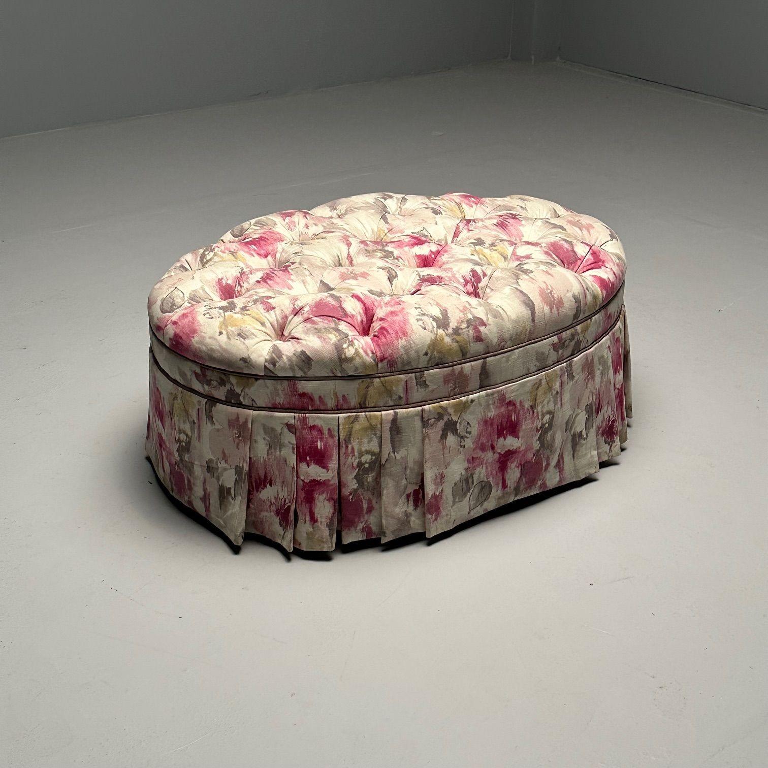 Traditional, Oval Tufted Ottoman or Pouf, Tie Dye Floral Fabric, Wood, USA 2010s In Good Condition For Sale In Stamford, CT