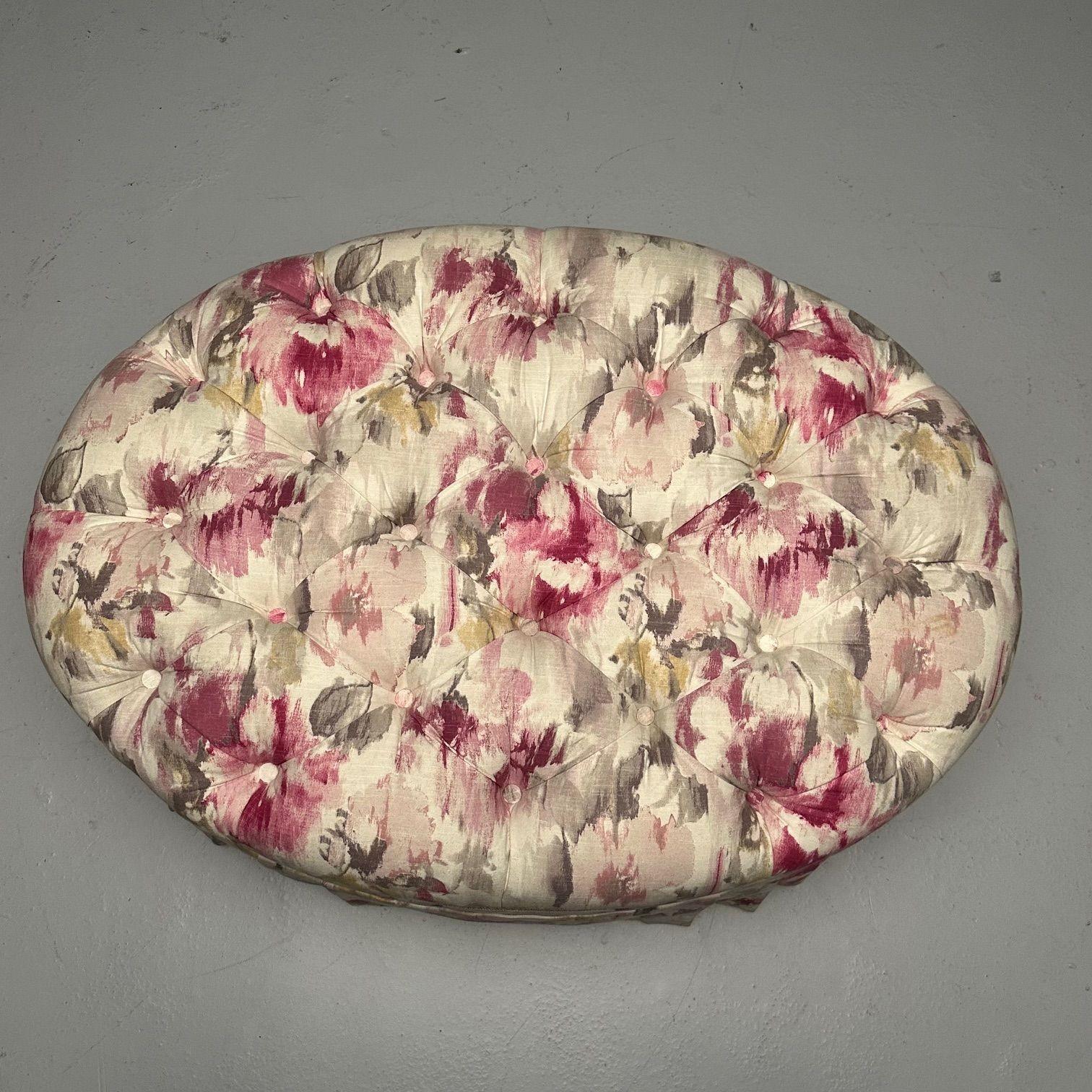 Contemporary Traditional, Oval Tufted Ottoman or Pouf, Tie Dye Floral Fabric, Wood, USA 2010s For Sale