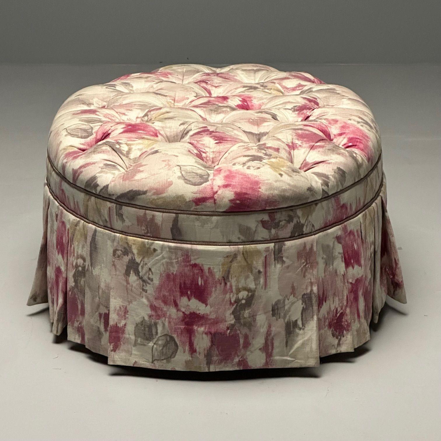 Traditional, Oval Tufted Ottoman or Pouf, Tie Dye Floral Fabric, Wood, USA 2010s For Sale 1