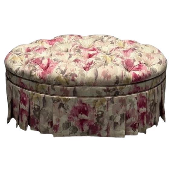 Traditional, Oval Tufted Ottoman or Pouf, Tie Dye Floral Fabric, Wood, USA 2010s