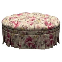 Traditional, Oval Tufted Ottoman or Pouf, Tie Dye Floral Fabric, Wood, USA 2010s