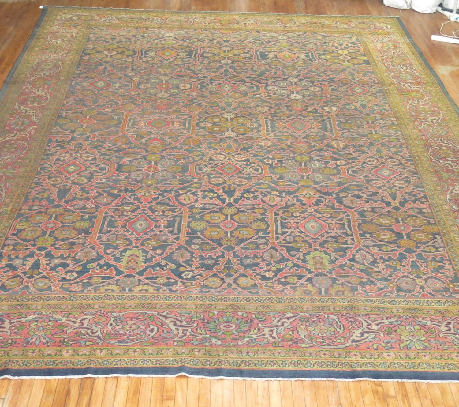 Country Traditional Oversize Gray Blue Pink Green Persian Mahal Rug For Sale