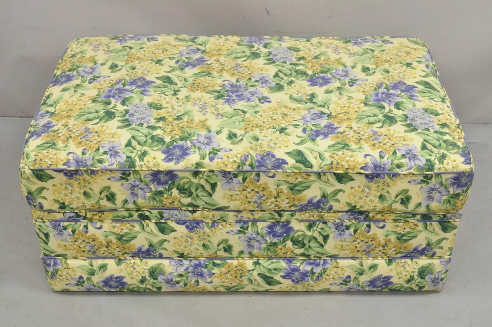 Traditional Oversized Storage Ottoman Yellow and Blue Floral Custom Upholstered 2