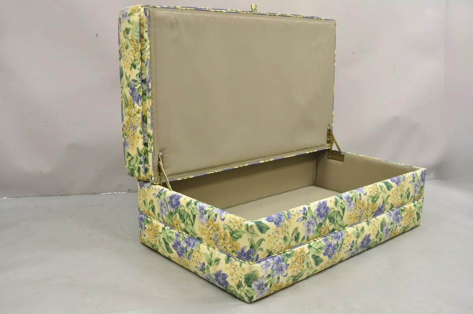 Traditional Oversized Storage Ottoman with Yellow and Blue Floral Print Custom Upholstery. Circa Late 20th Century. Measurements: 19