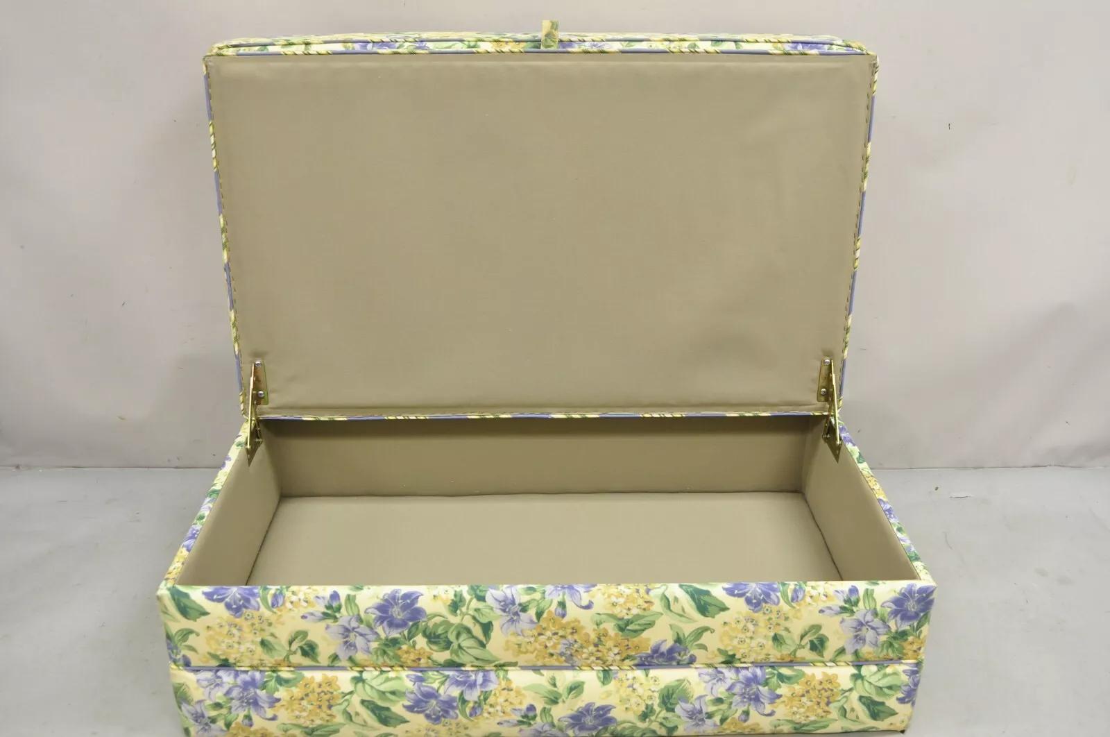 20th Century Traditional Oversized Storage Ottoman Yellow and Blue Floral Custom Upholstered