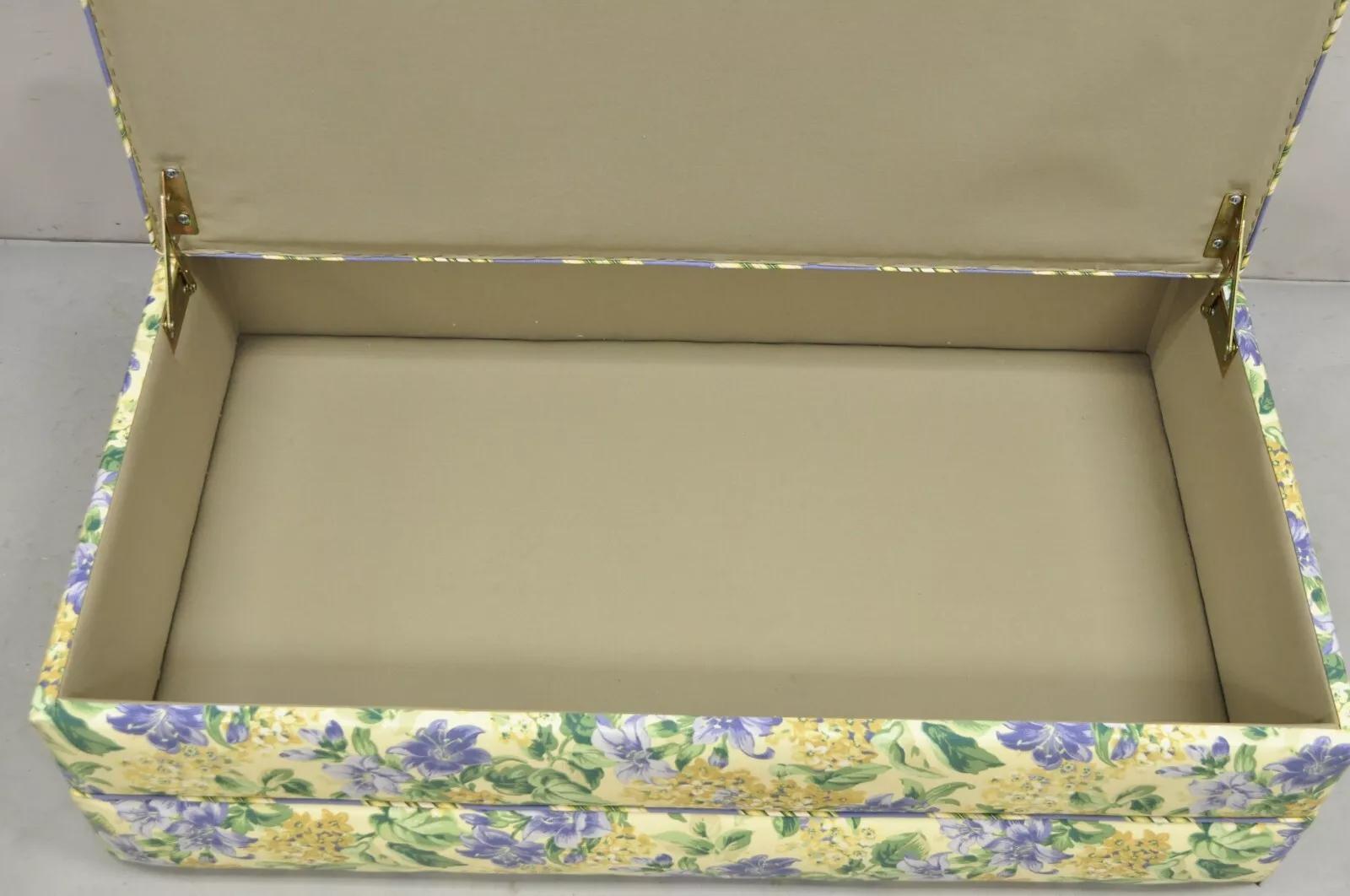 Fabric Traditional Oversized Storage Ottoman Yellow and Blue Floral Custom Upholstered