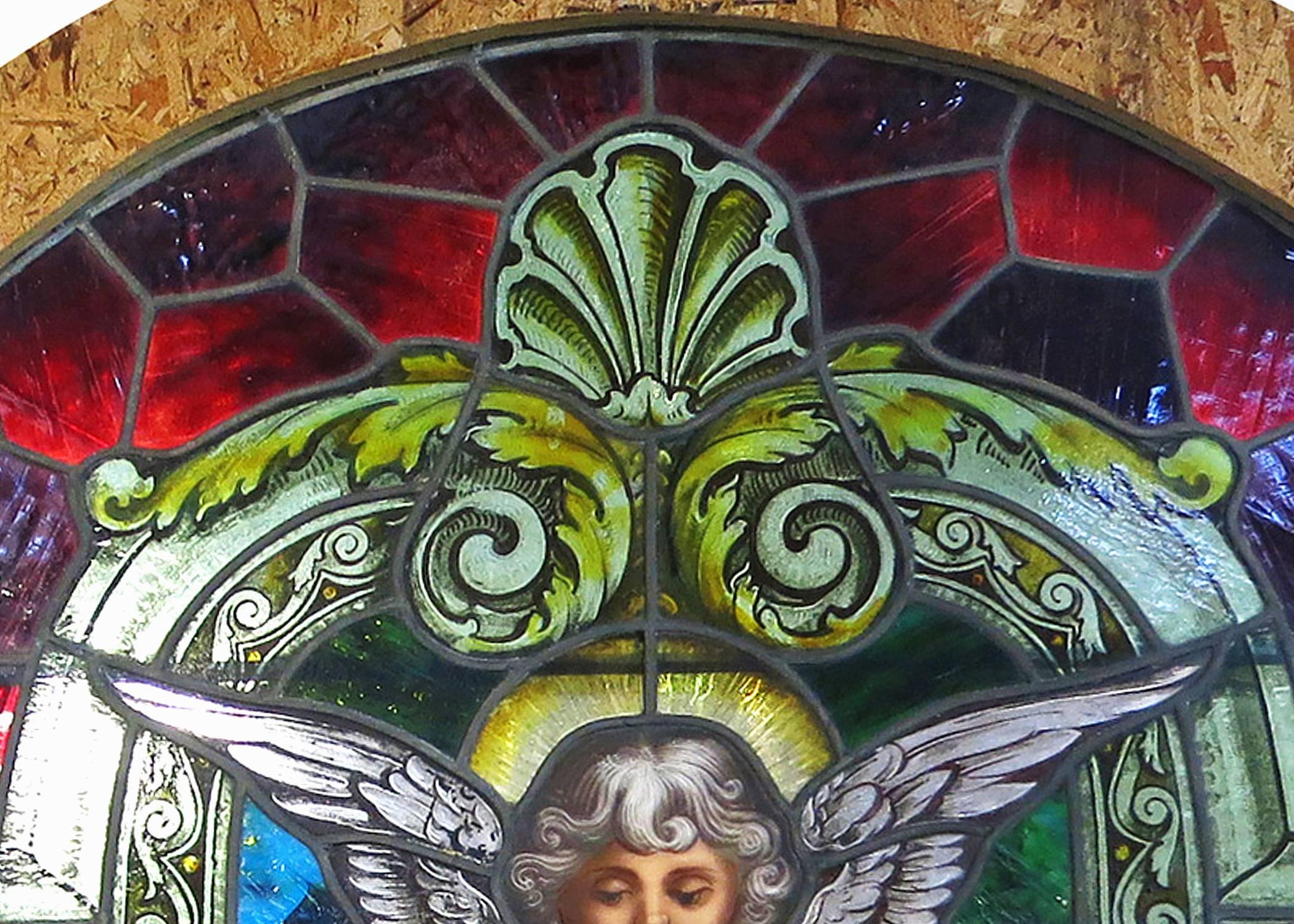 Traditional Painted Laminated Cherub Stained Glass Windows In Excellent Condition In Van Nuys, CA
