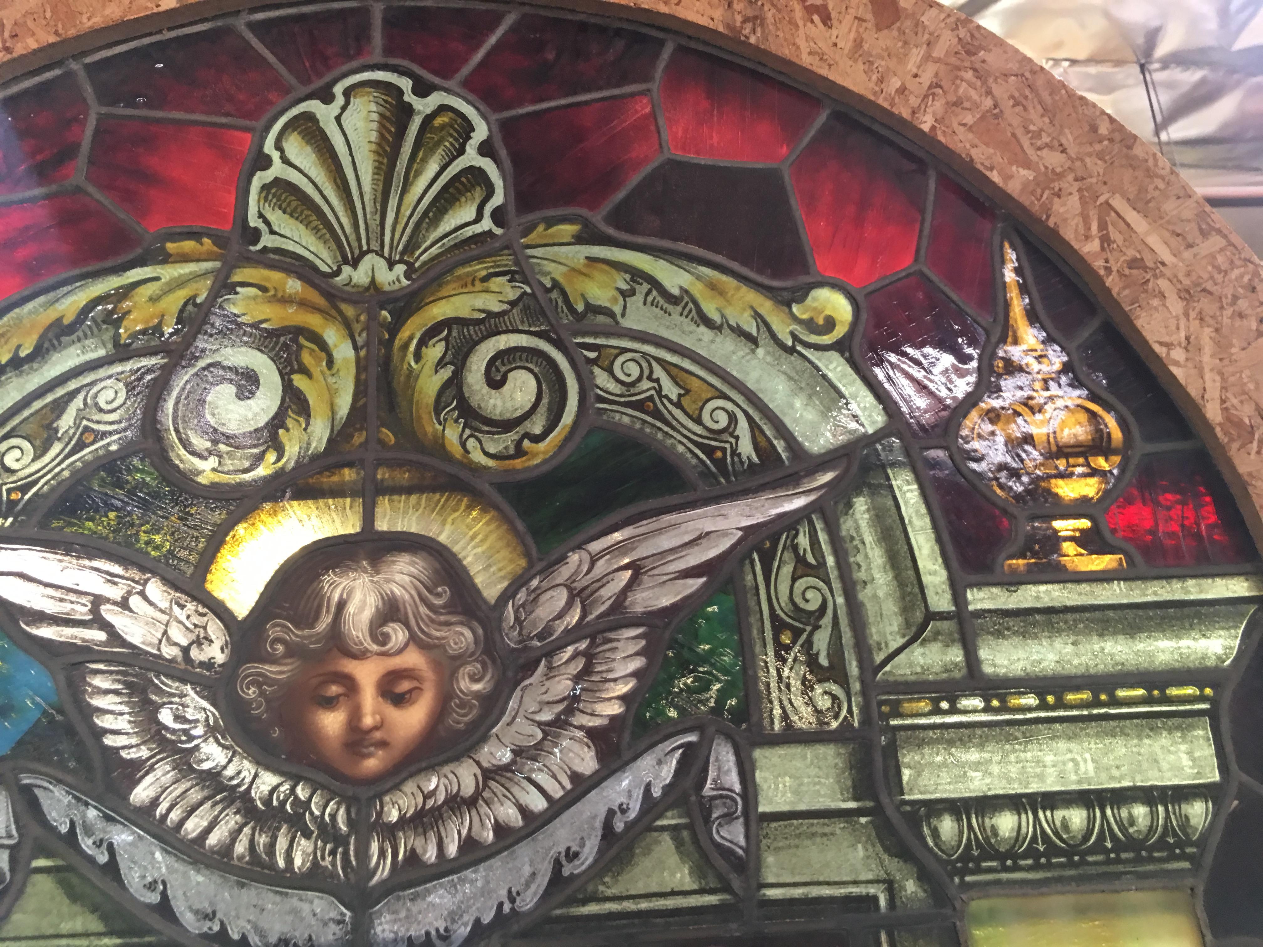 Traditional Painted Laminated Cherub Stained Glass Windows 1