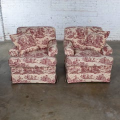 Traditional Pair Club Chairs Sherril Furniture La Salle Cream Red Toile Fabric