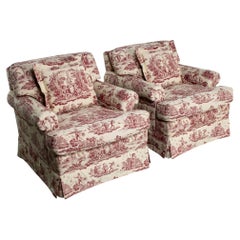 Traditional Pair Club Chairs Sherril Furniture La Salle Cream Red Toile Fabric