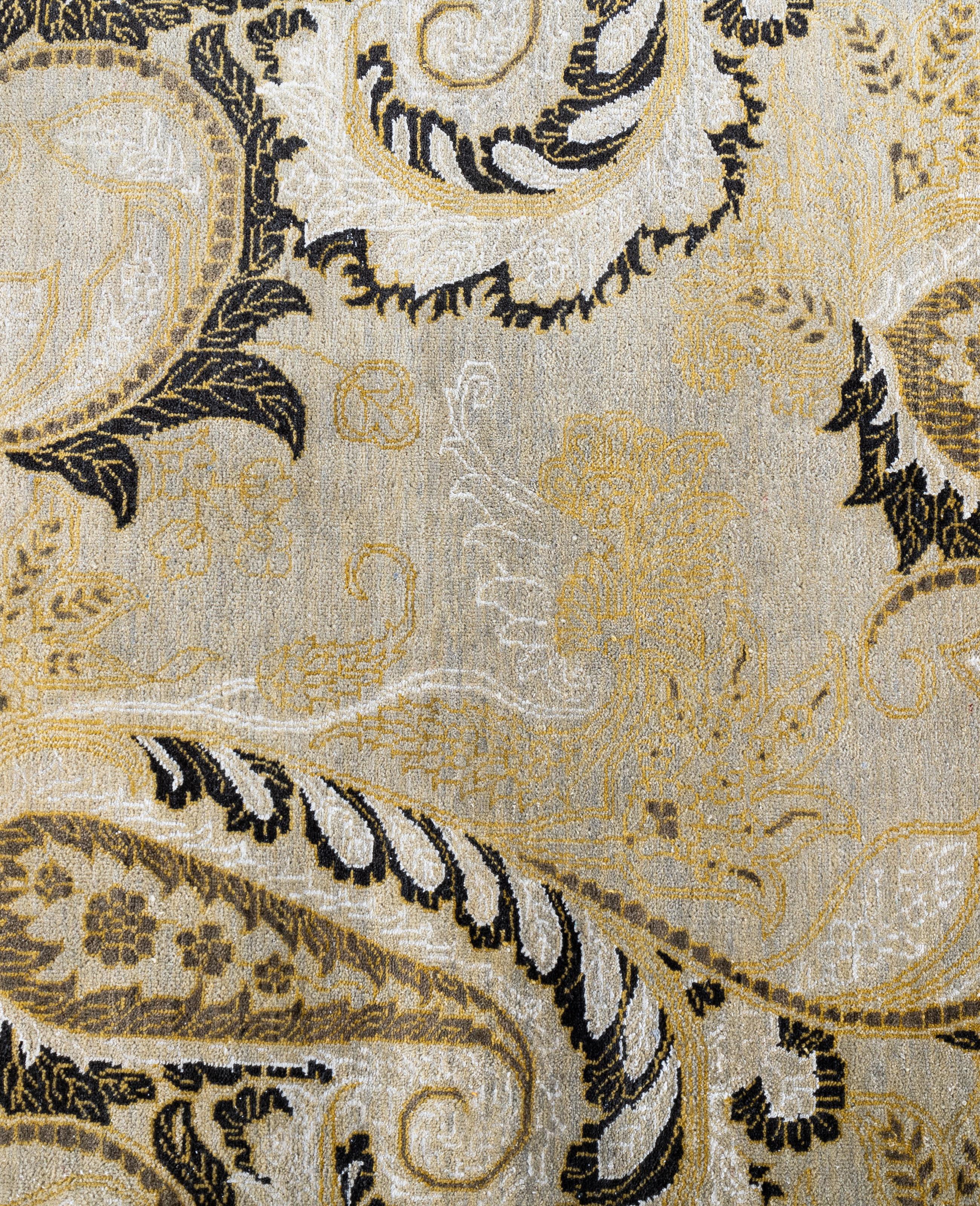 Indien Tapis traditionnel en laine et soie nouée à la main beige 8' 1
