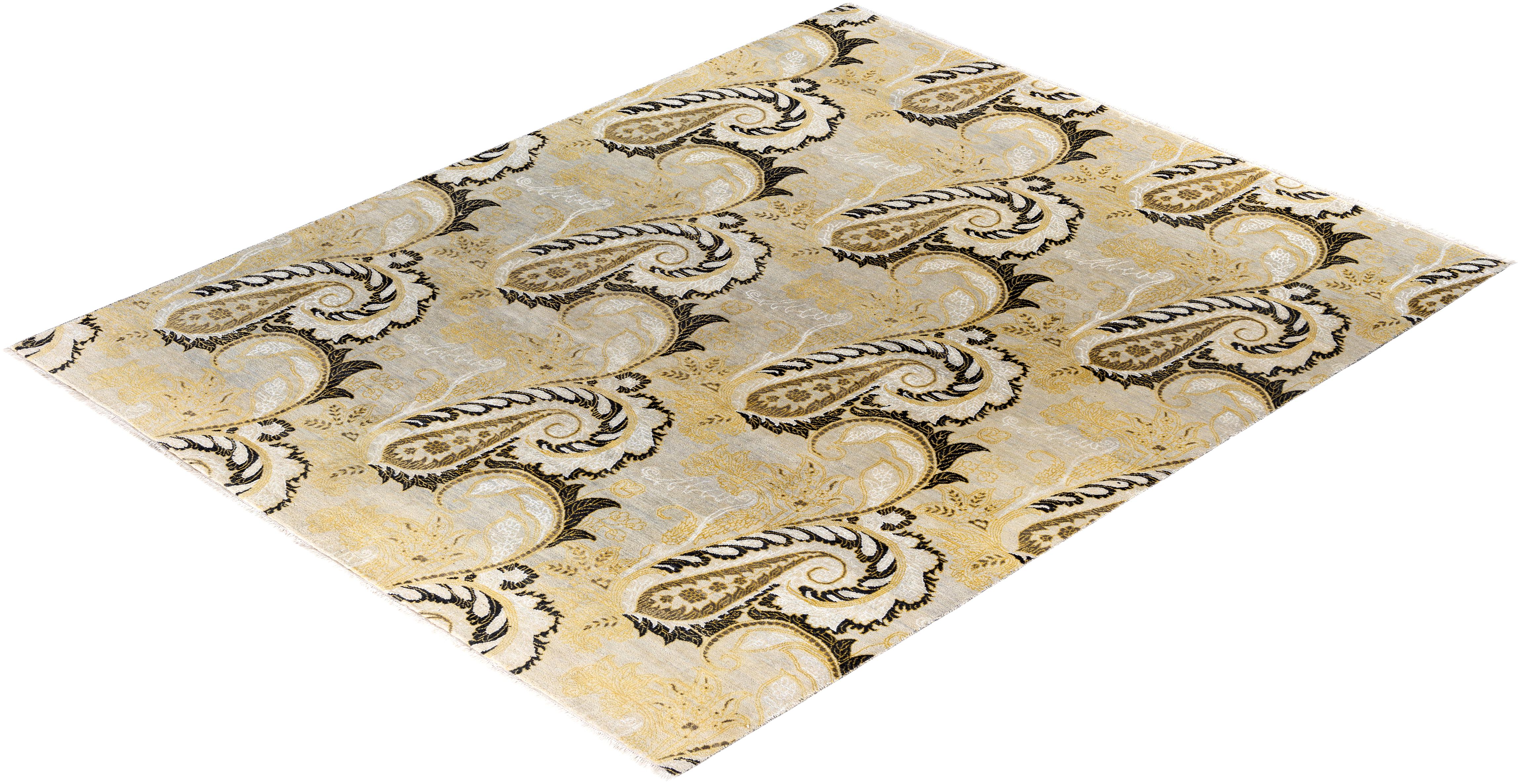 Tapis traditionnel en laine et soie nouée à la main beige 8' 1