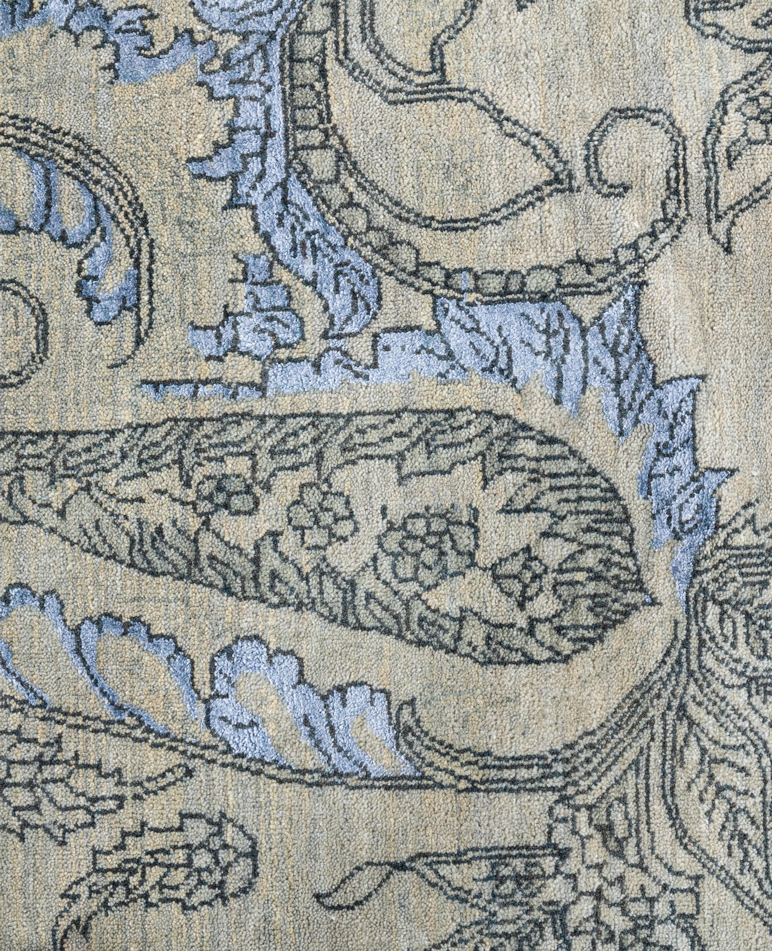 Indien Tapis traditionnel gris noué à la main en laine et soie 7' 10