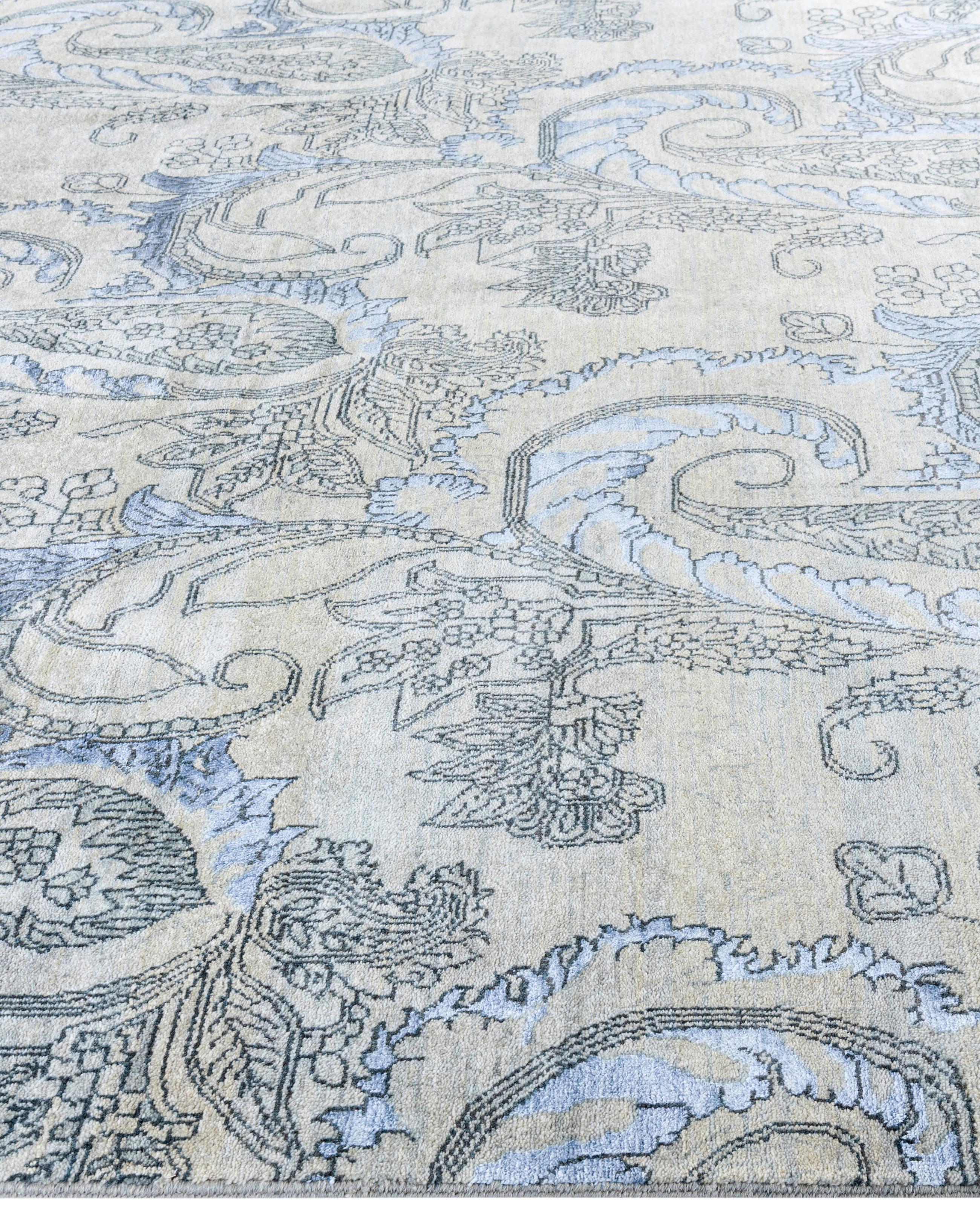 Noué à la main Tapis traditionnel gris noué à la main en laine et soie 7' 10