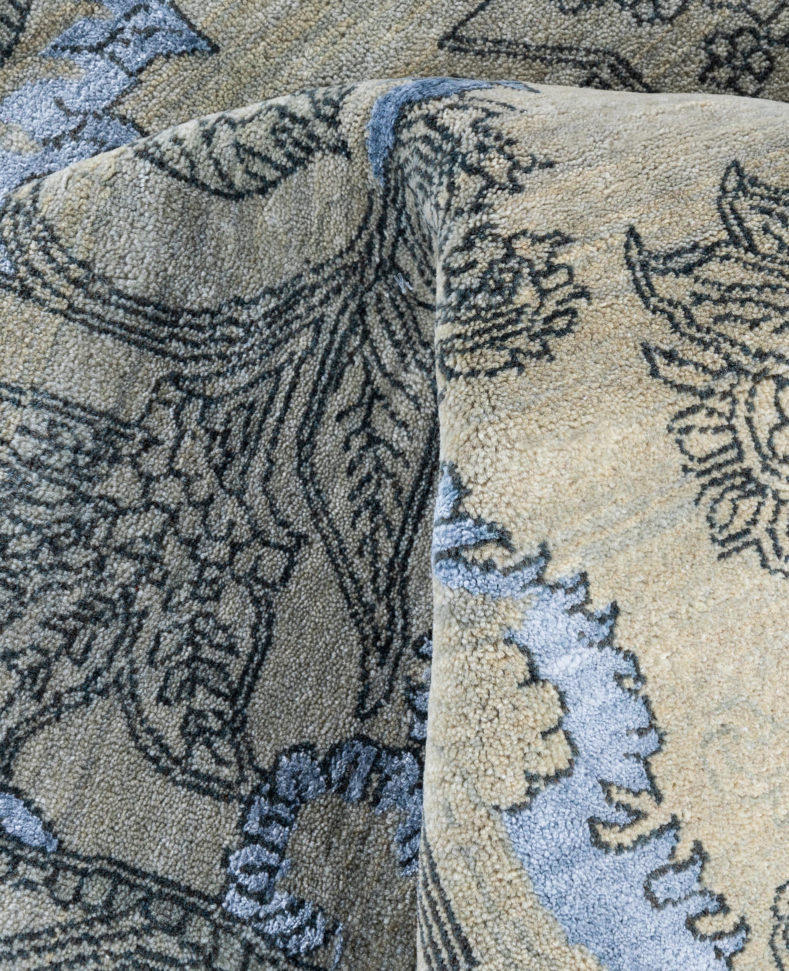 Laine Tapis traditionnel gris noué à la main en laine et soie 7' 10