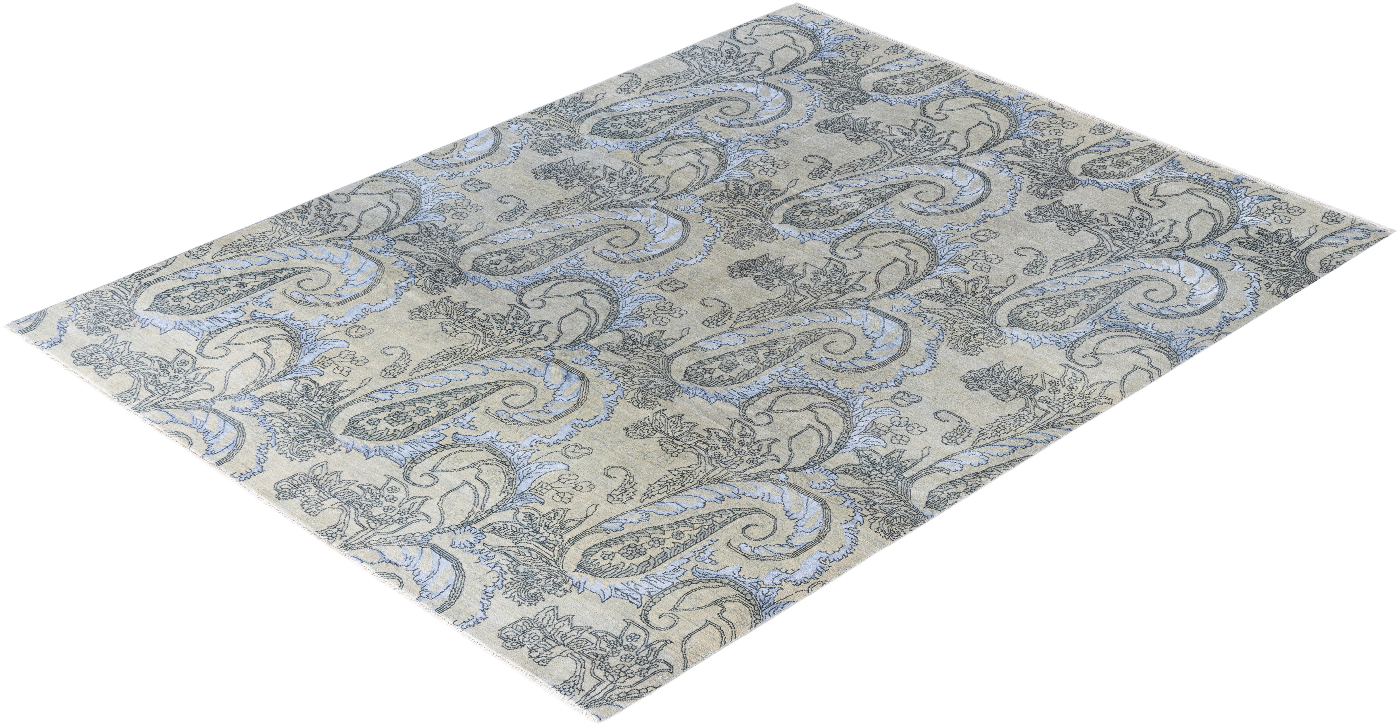 Tapis traditionnel gris noué à la main en laine et soie 7' 10
