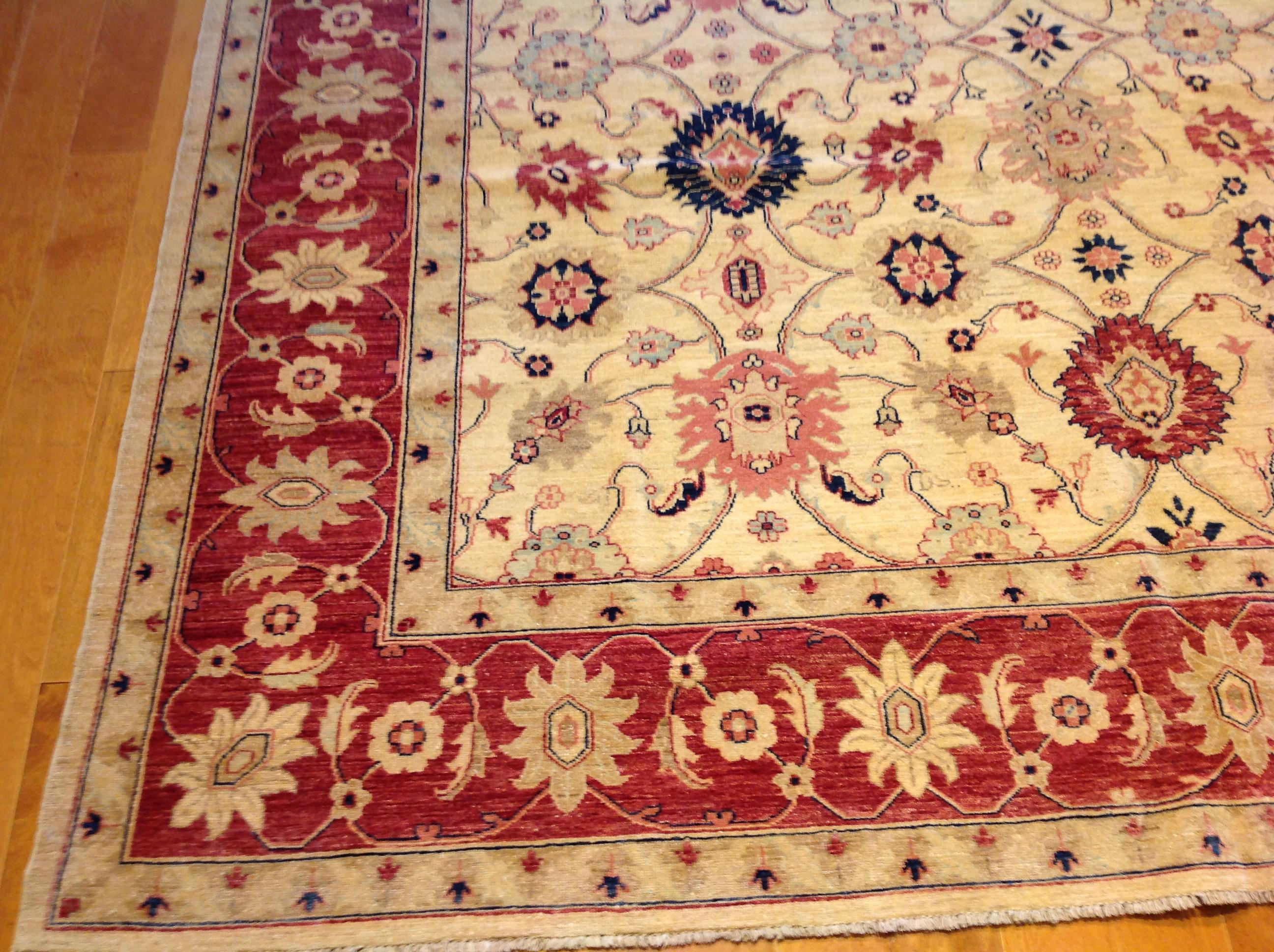Contemporary Traditional Pakistani Beige Floral Rug with Red and Teal For Sale