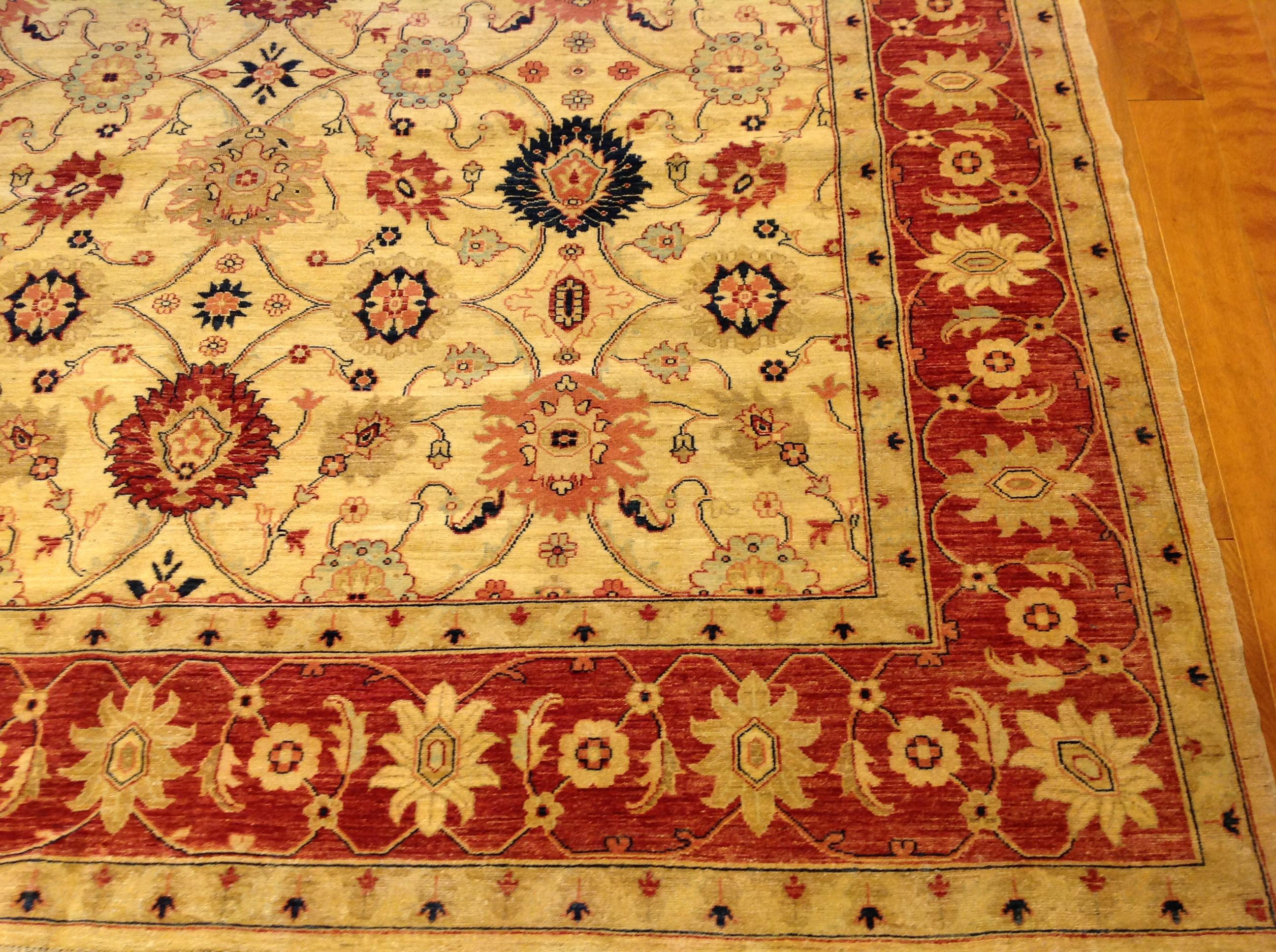 Traditional Pakistani Beige Floral Rug with Red and Teal For Sale 1