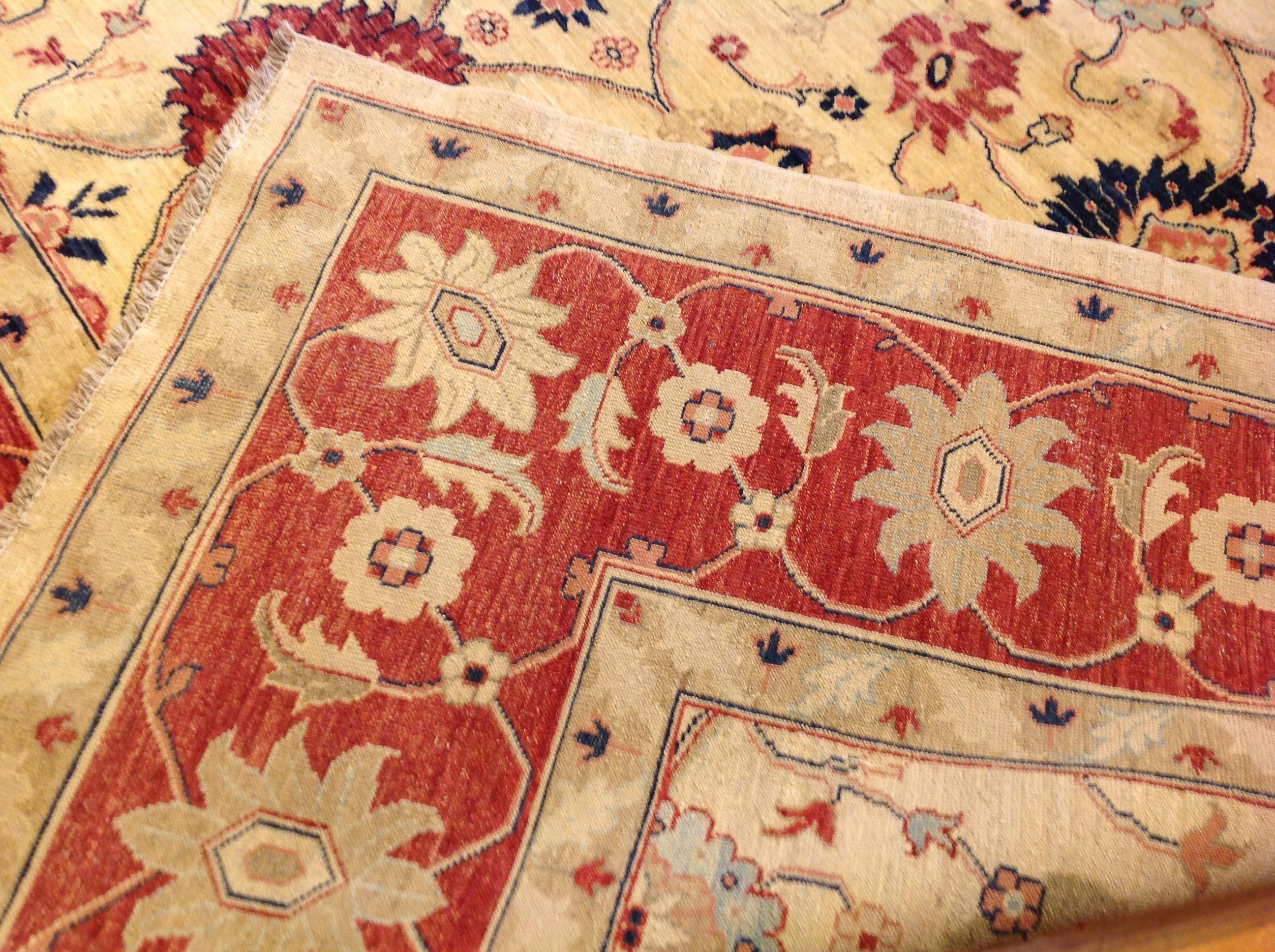 Traditional Pakistani Beige Floral Rug with Red and Teal For Sale 2