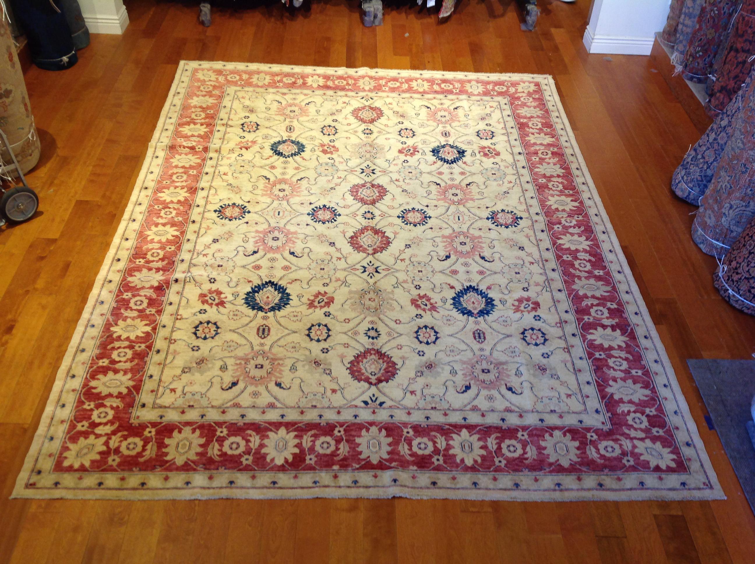 Traditional Pakistani Beige Floral Rug with Red and Teal For Sale 3