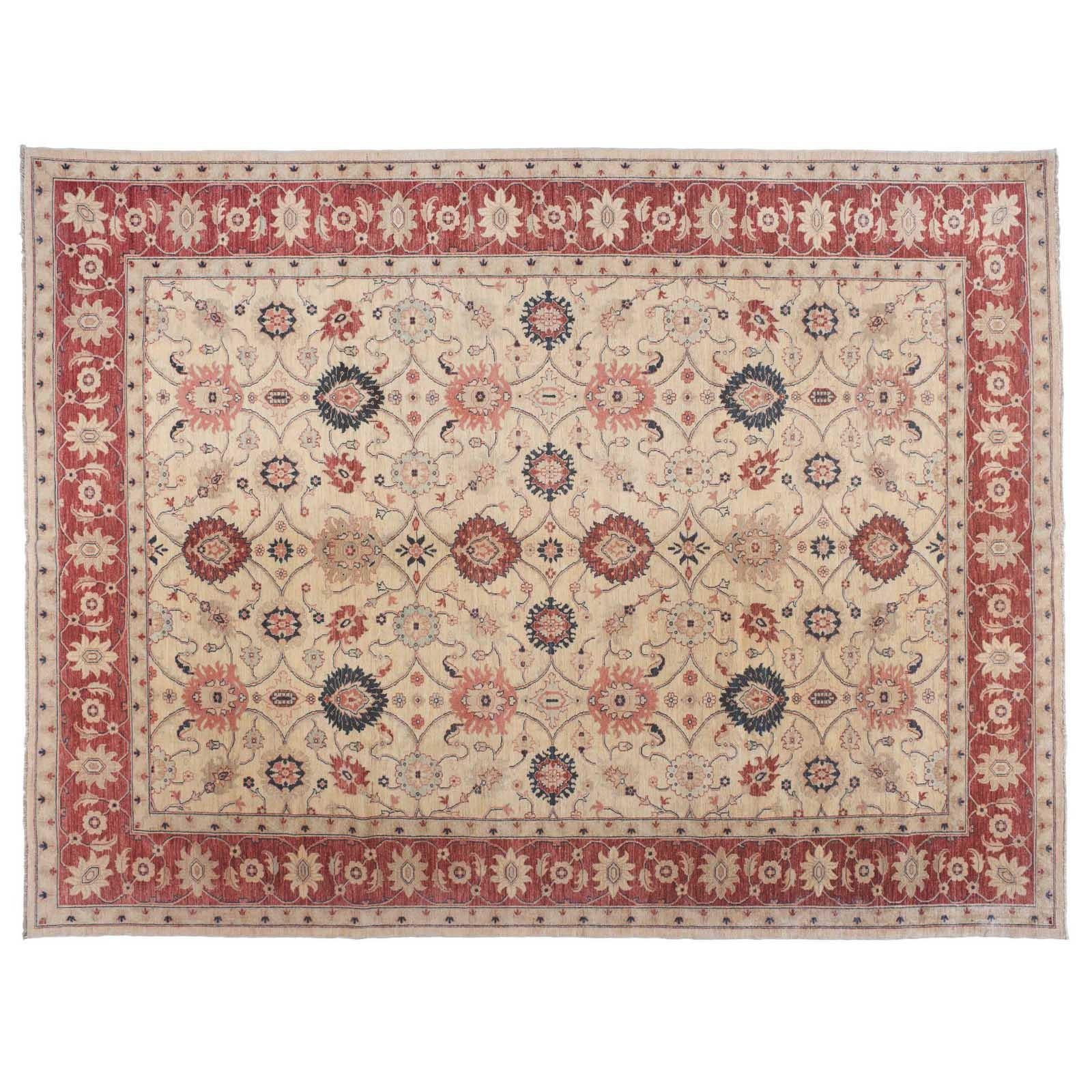 Traditional Pakistani Beige Floral Rug with Red and Teal