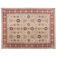 Tapis traditionnel pakistanais beige à fleurs avec rouge et sarcelle