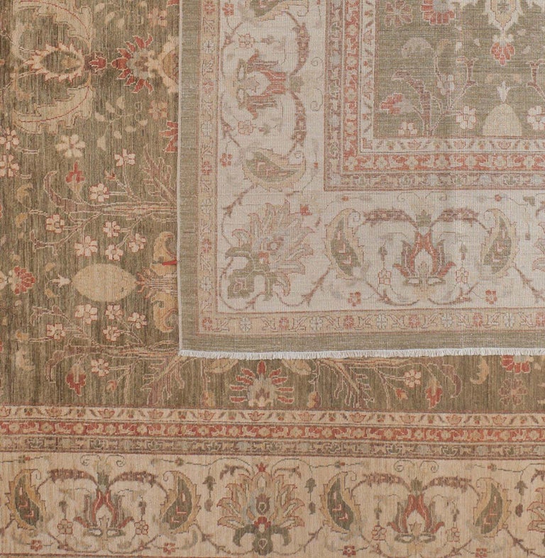 Traditional Pakistani Green Area Rug with Floral Medallions For Sale at