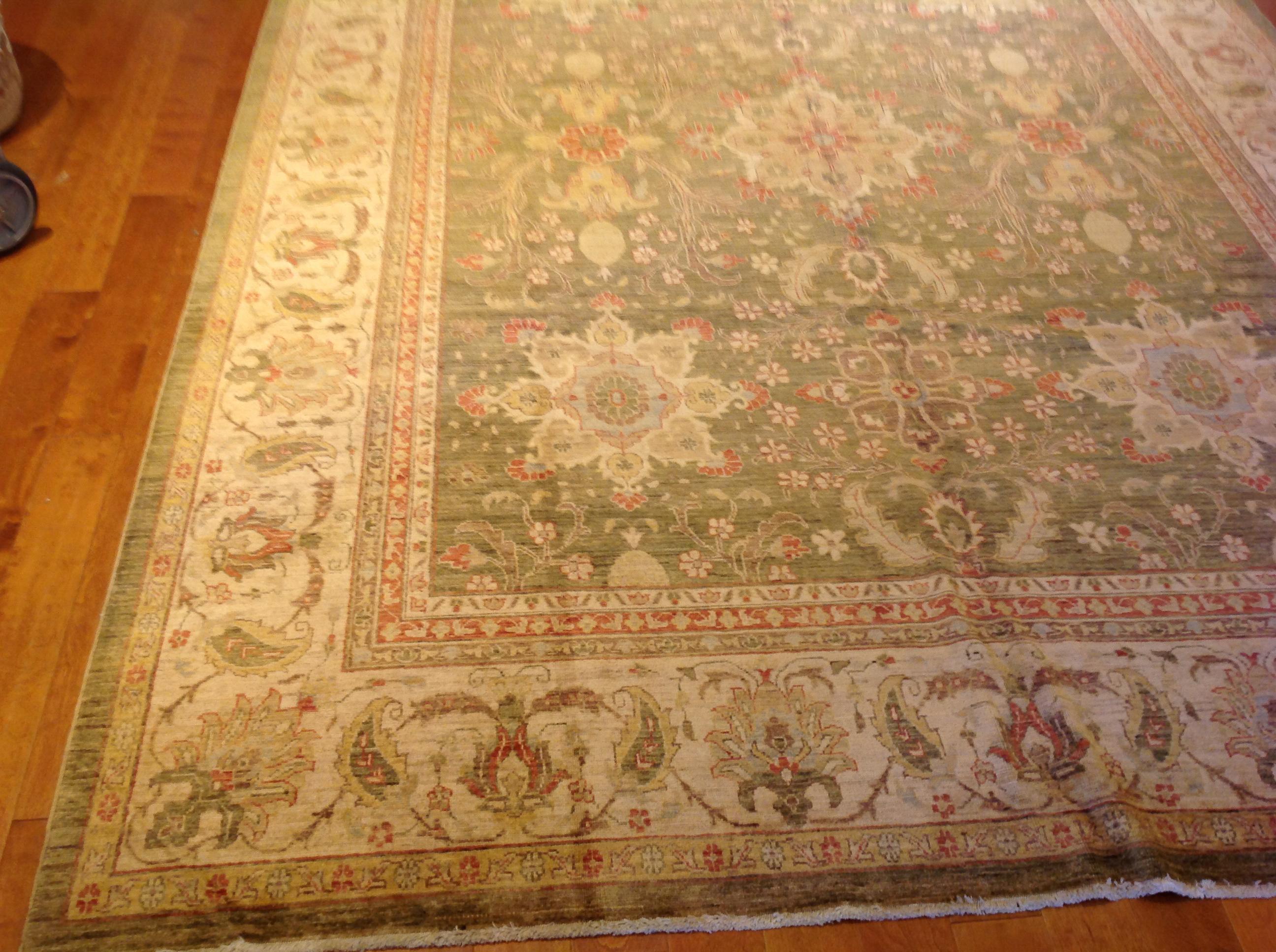 Hand-Knotted Traditional Pakistani Green Area Rug with Floral Medallions For Sale