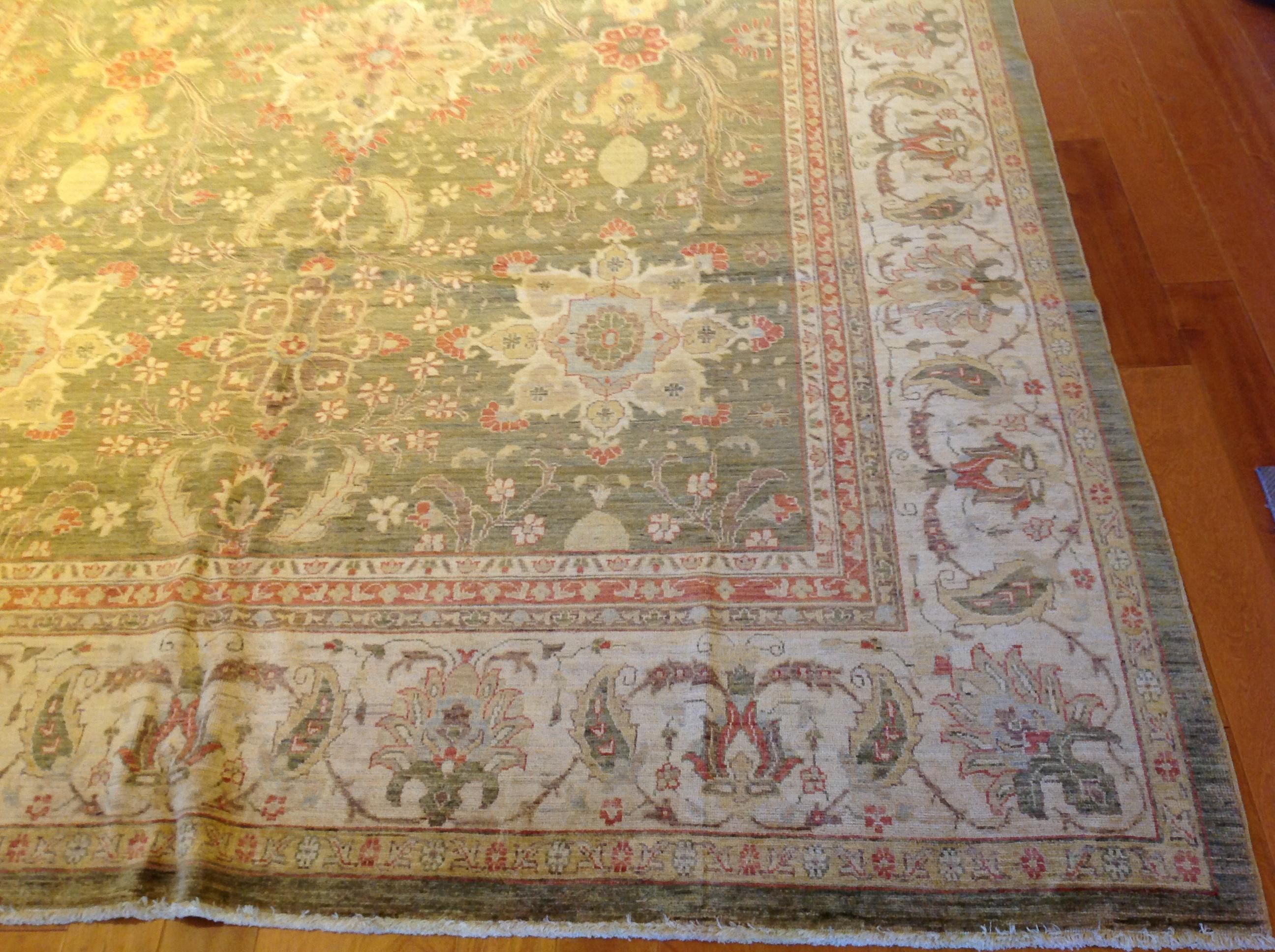 Contemporary Traditional Pakistani Green Area Rug with Floral Medallions For Sale