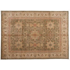 Traditional Pakistani Green Area Rug with Floral Medallions