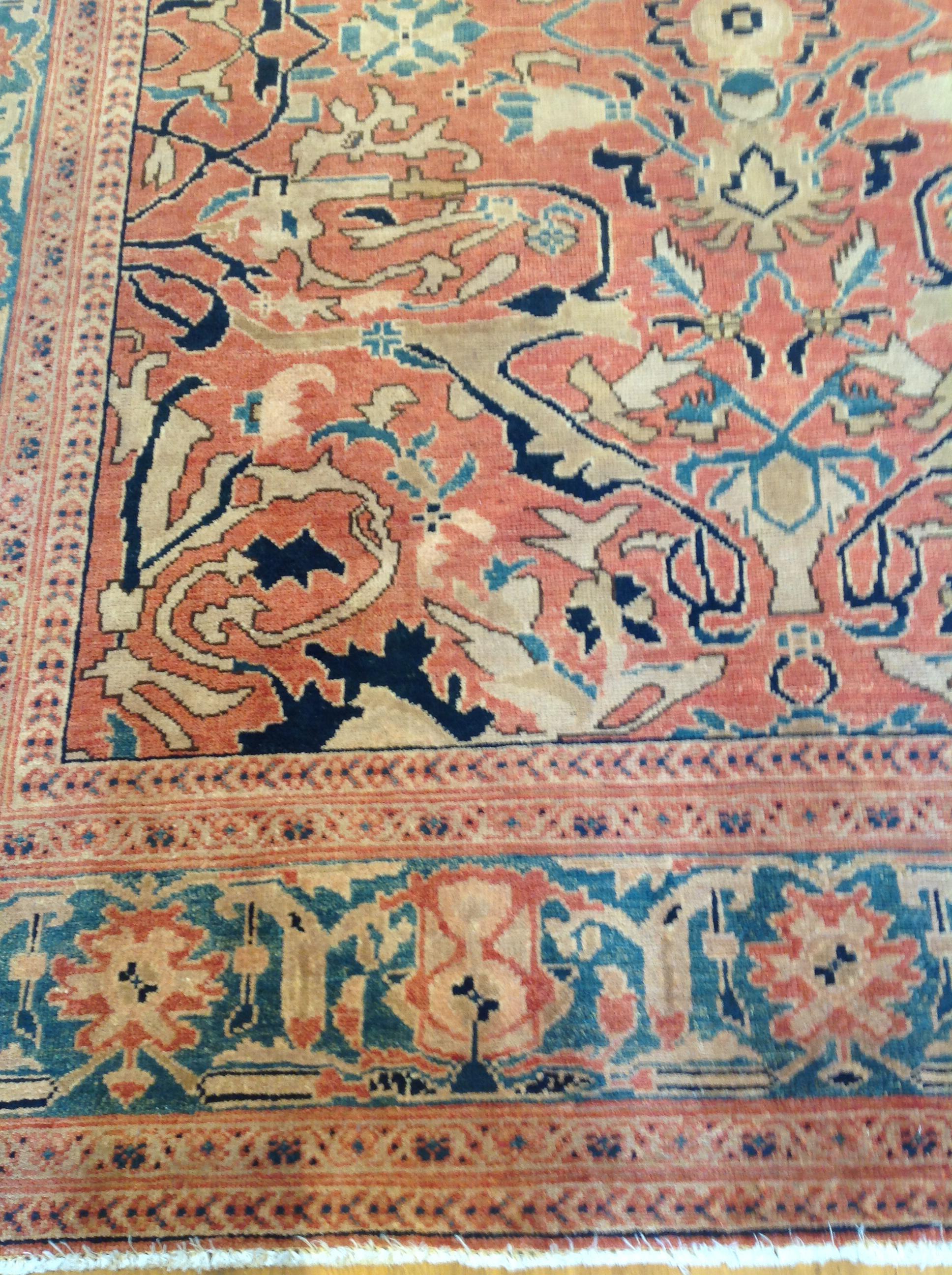 Traditional Pakistani Red Wool Area Rug with Teal Border For Sale 2