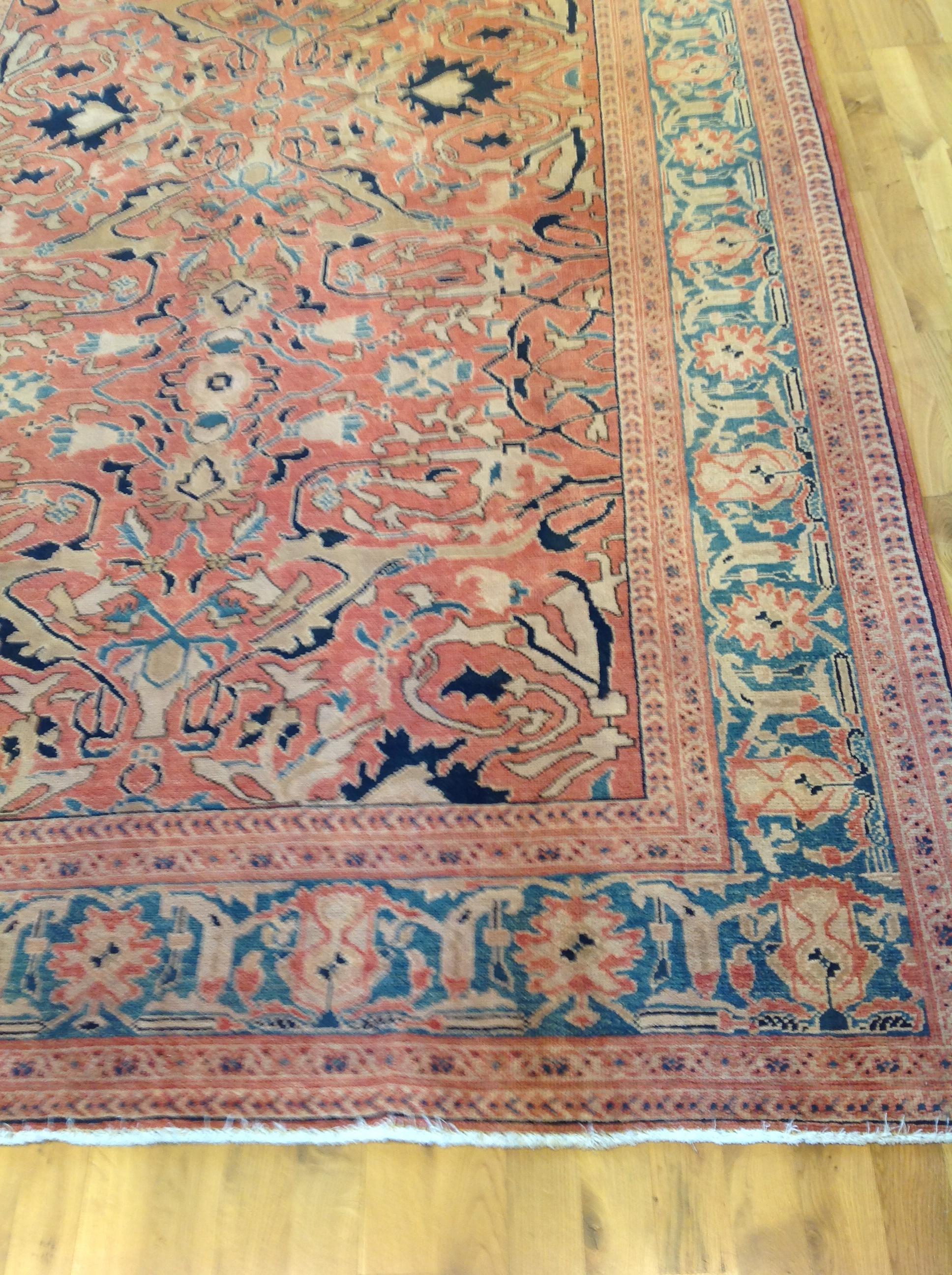Hand-Knotted Traditional Pakistani Red Wool Area Rug with Teal Border For Sale