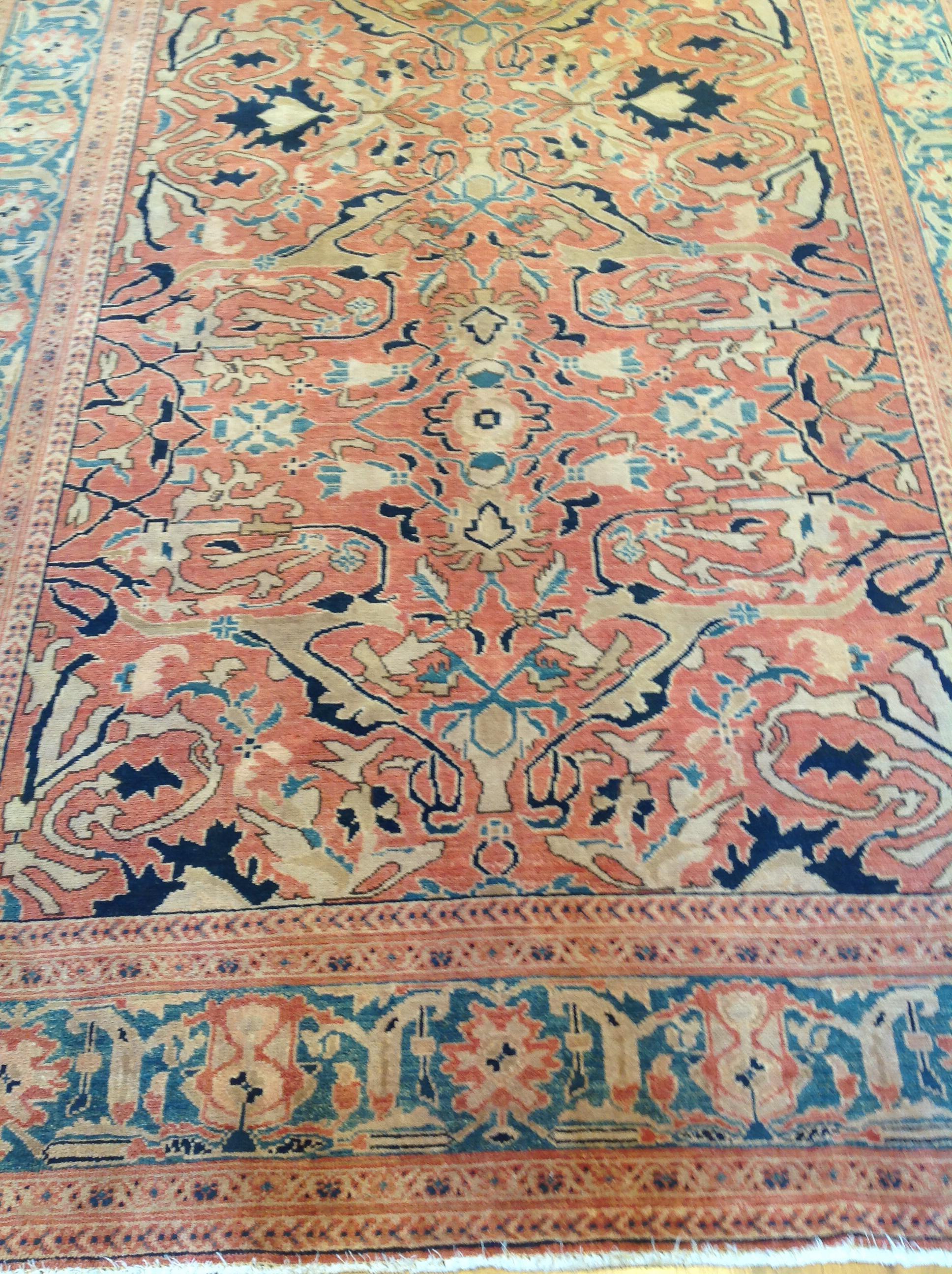 Contemporary Traditional Pakistani Red Wool Area Rug with Teal Border For Sale