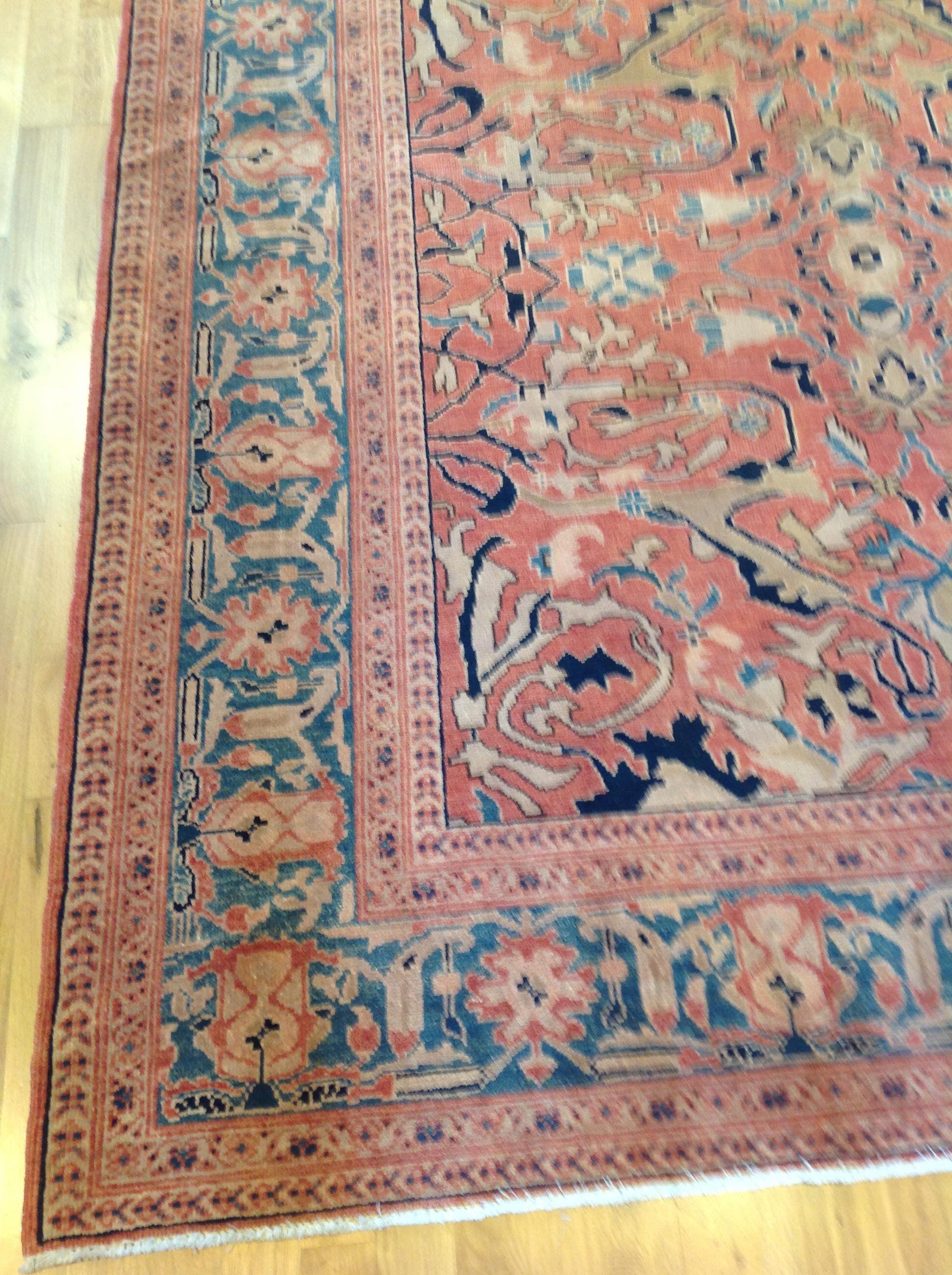 Traditional Pakistani Red Wool Area Rug with Teal Border For Sale 1