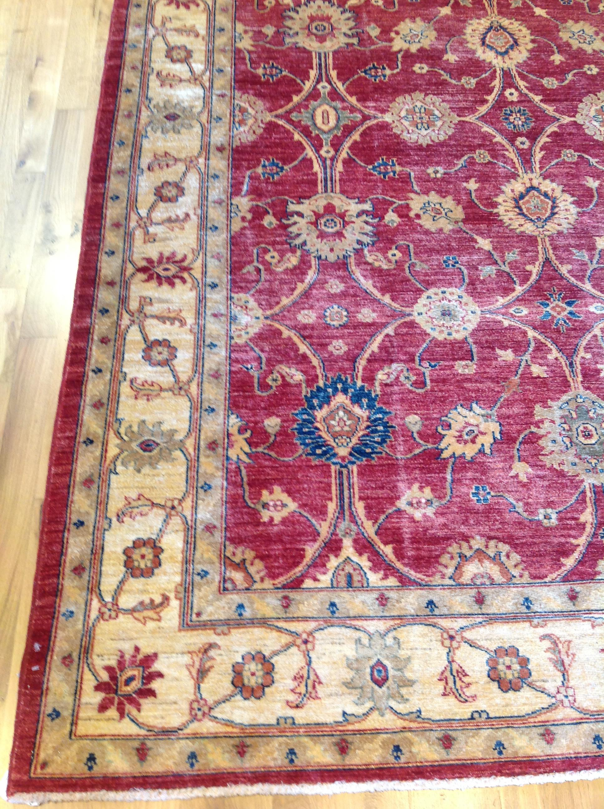 Hand-Knotted Traditional Pakistani Rug with Red, Teal and Beige For Sale
