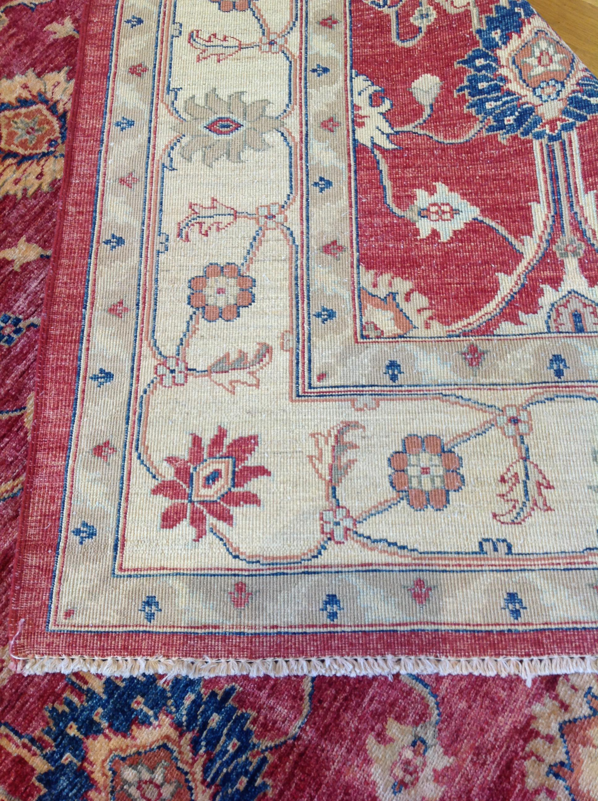 Wool Traditional Pakistani Rug with Red, Teal and Beige For Sale